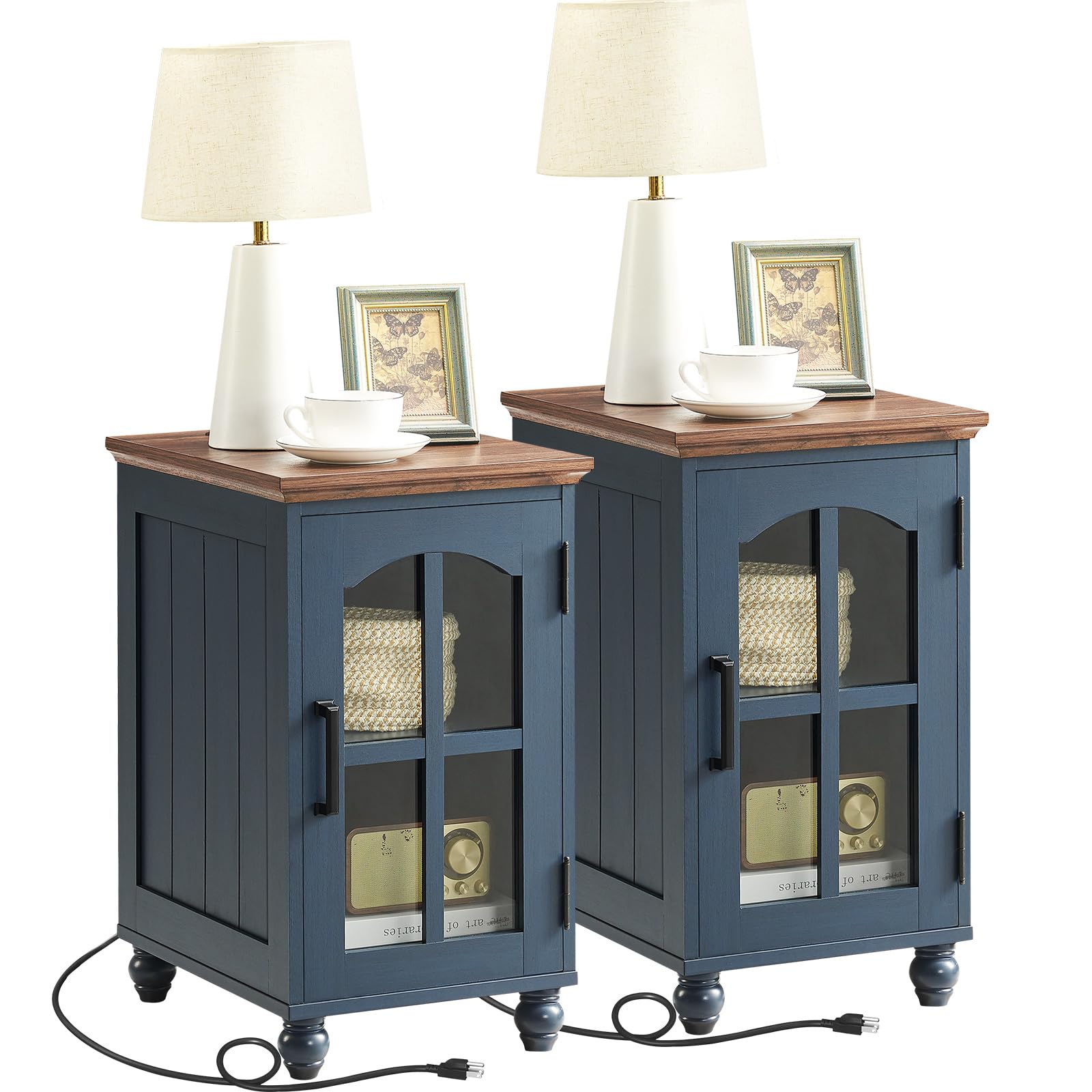 Narrow Side Table,Farmhouse Nightstand with Charging Station,Wood End Table with Glass Barn Door Storage, Cabinet Organizer with Adjustable Shelf, Night Stand for Small Spaces for Living Room Bedroom