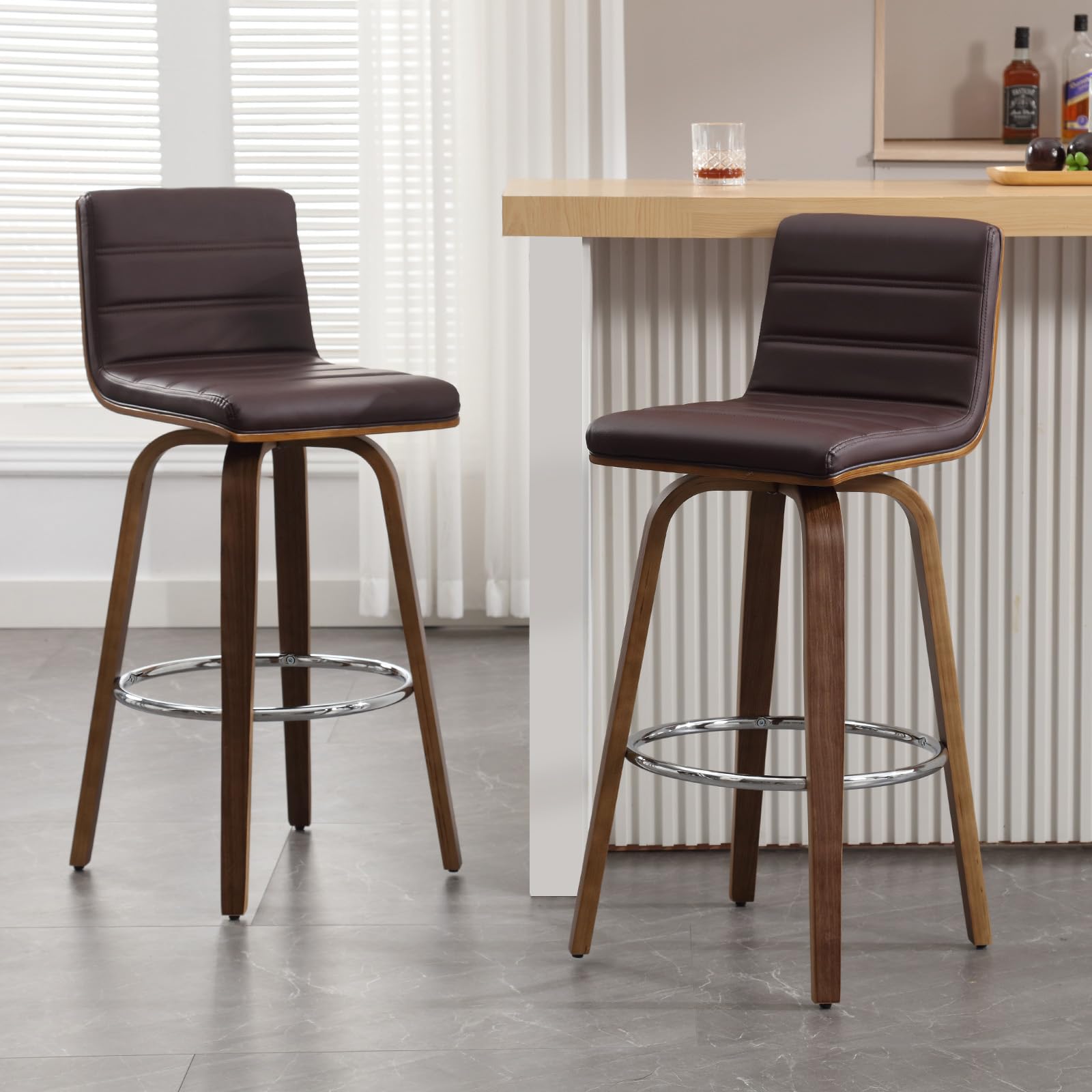 Bar Stools 29 Inch Bar Height, Swivel Bar Stools with Backs Upholstered PU Leather Barstool, L Shape Back and Padded Seat, Mid-Century Modern Bar Stool Pub Chairs for Kitchen Counter Island, Black