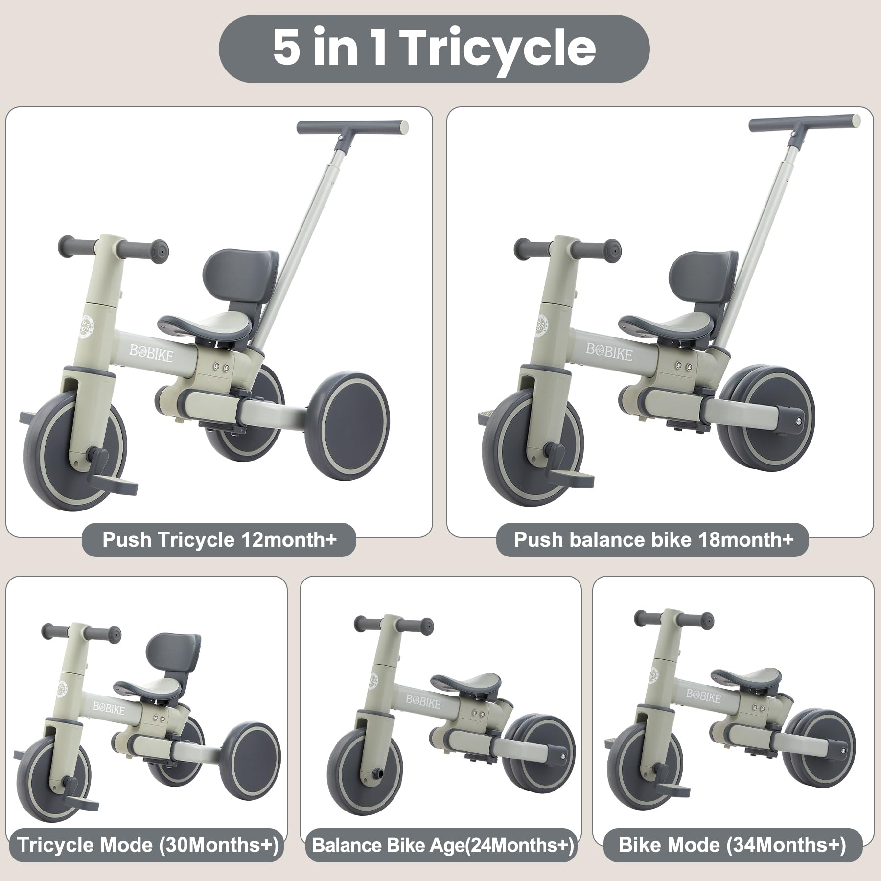 Toddler Bike with Push Handle,Tricycles for 1 to 3 Years Old, Toddler Tricycle with Push Handle for Boy Girl, Baby Balance Bike with Adjustable Seat Height and Removable Pedal (Black)