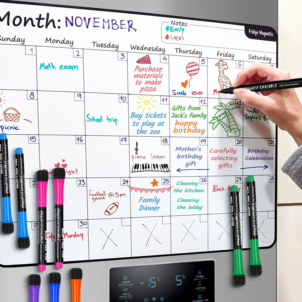 Magnetic Dry Erase Markers Fine: 12 Colors Erasable Whiteboard Markers Fine Point with Eraser Cap, Low Odor White Board Dry Erase Pens Fine Tip for Kids & Teachers, Home, Office and School Supplies