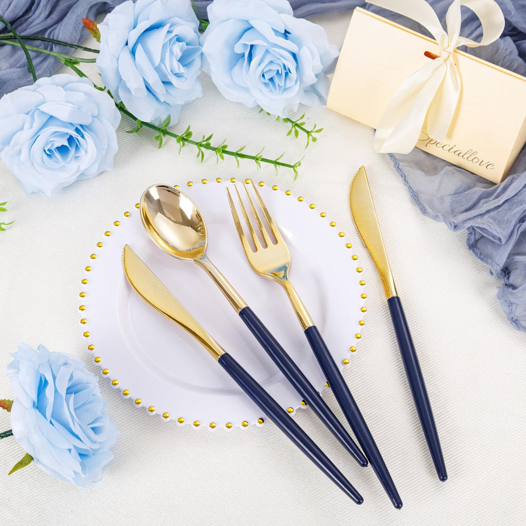 Supernal 102 Pcs Black and Gold Plastic Silverware Set,Heavy Duty Gold Disposable Cutlery for 34 Guests (34 Forks,34 Spoons,34 Knives),Elegant Plastic Flatware for Weddings,Parties & Upscale Events