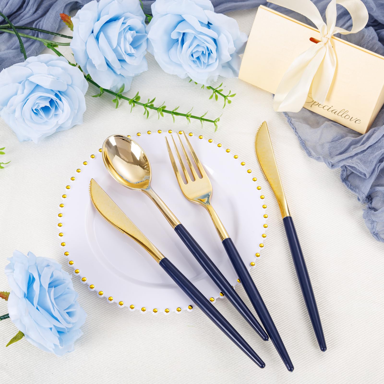 Supernal 102 Pcs Black and Gold Plastic Silverware Set,Heavy Duty Gold Disposable Cutlery for 34 Guests (34 Forks,34 Spoons,34 Knives),Elegant Plastic Flatware for Weddings,Parties & Upscale Events