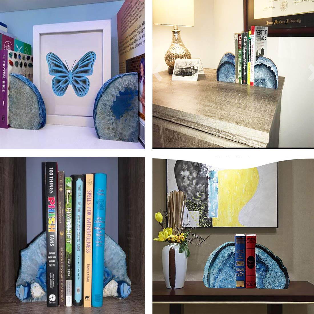 JIC Gem Black Agate Geode Bookends 2-3 Lbs Anti-Slip Rubber Pads Heavy Duty | 1Pair Natural Black Agate Crystal Decor for Shelves & Desk, Unique Small Stone Book Holder Gift for Office & Home Decoration
