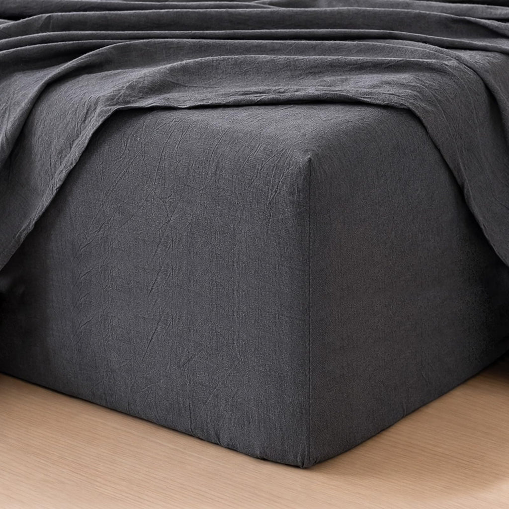 MooMee Fitted Bottom Sheet Only 100% Washed Cotton Linen Like Textured Breathable Durable Soft Comfy Deep Pocket Fits Mattress up to 17" (Almond Milk Grey, Twin)