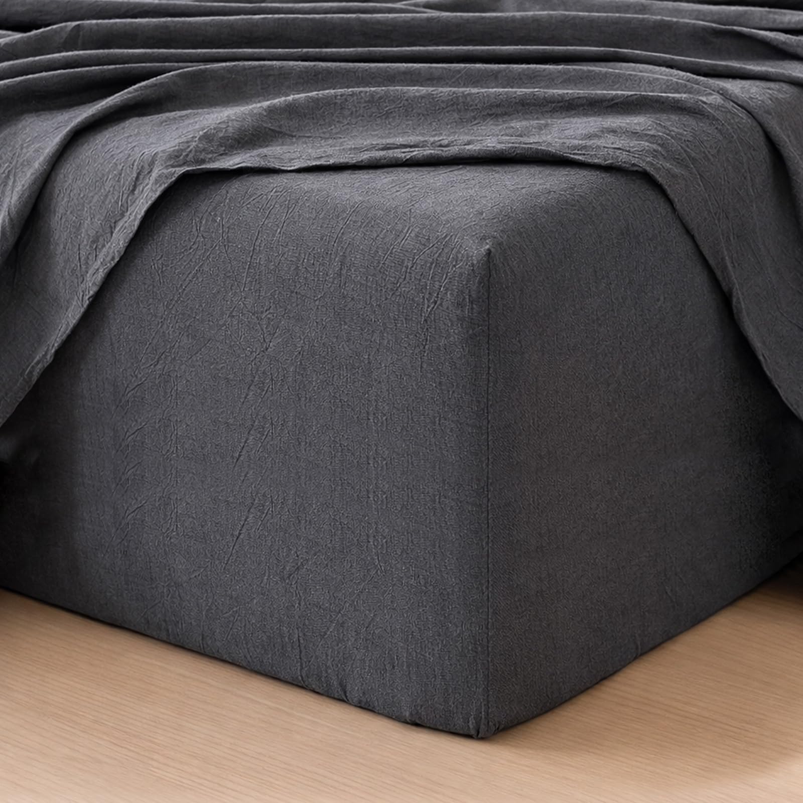 MooMee Fitted Bottom Sheet Only 100% Washed Cotton Linen Like Textured Breathable Durable Soft Comfy Deep Pocket Fits Mattress up to 17" (Almond Milk Grey, Twin)