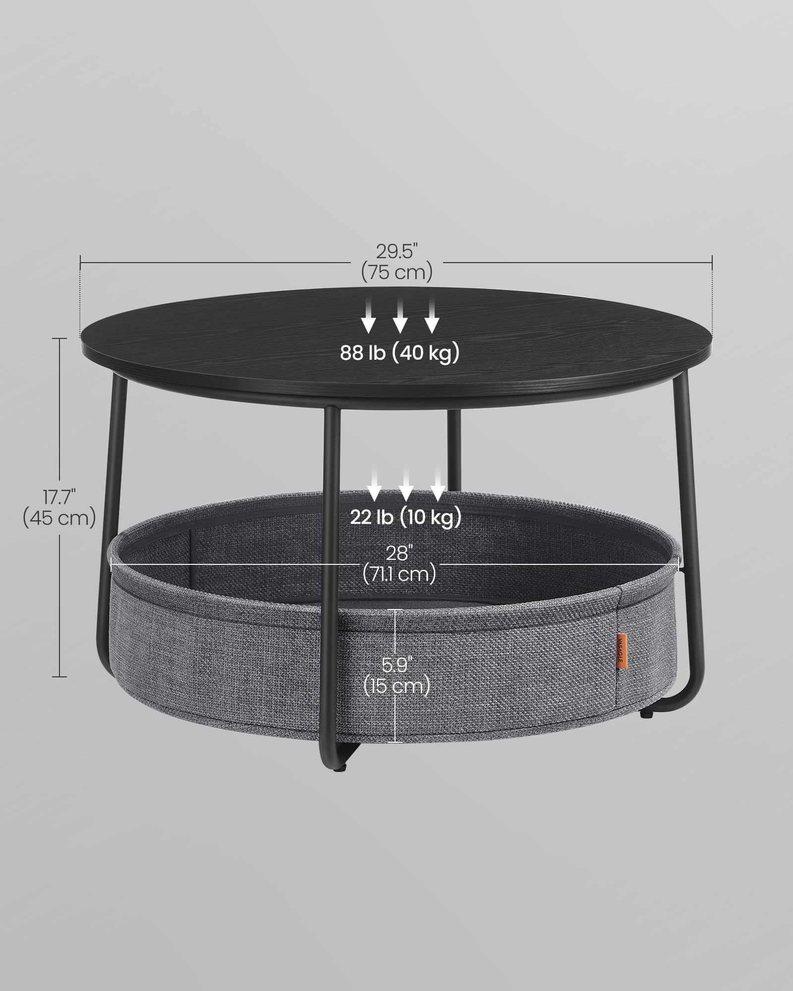 VASAGLE LILEA Collection - Coffee Table with Storage, Round Center Table for Living Room with Fabric Basket, Modern Style, Metal Frame, Ebony Black and Slate Gray ULCT244B56