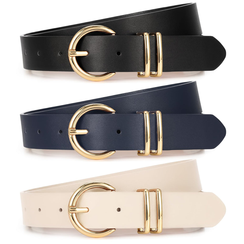 XZQTIVE 3 Pack Women Belts For Jeans Dresses Pants Ladies Leather Waist Belt with Gold Buckle