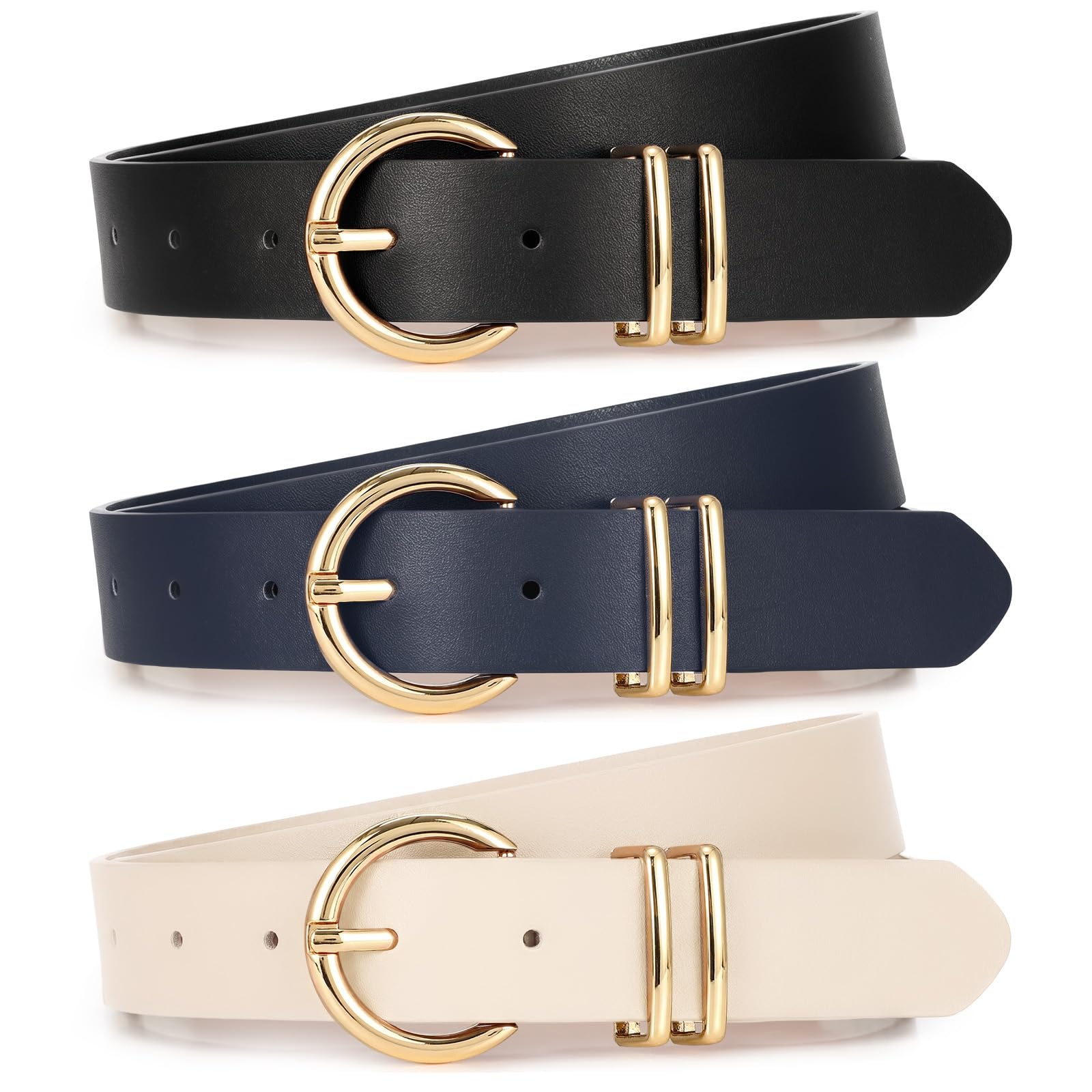 XZQTIVE 3 Pack Women Belts For Jeans Dresses Pants Ladies Leather Waist Belt with Gold Buckle