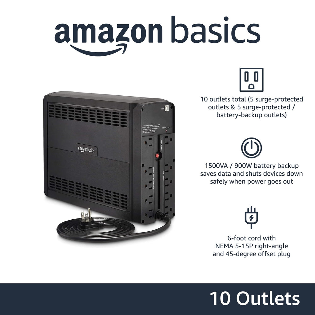 Amazon Basics UPS Battery Backup & Surge Protector, 400VA/255W, 6 Outlets, Uninterruptible Power Supply, Small Compact Size, Black