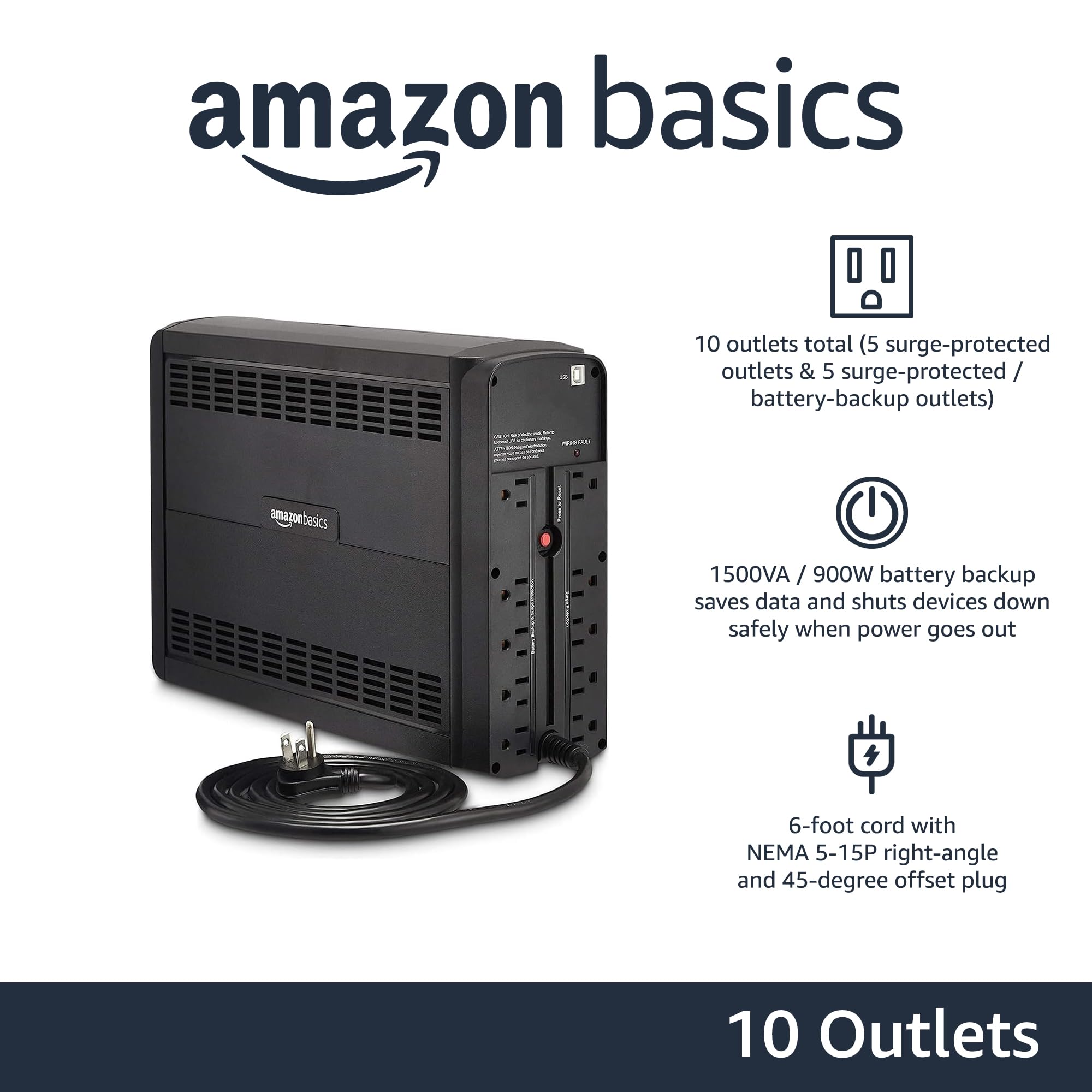 Amazon Basics UPS Battery Backup & Surge Protector, 400VA/255W, 6 Outlets, Uninterruptible Power Supply, Small Compact Size, Black