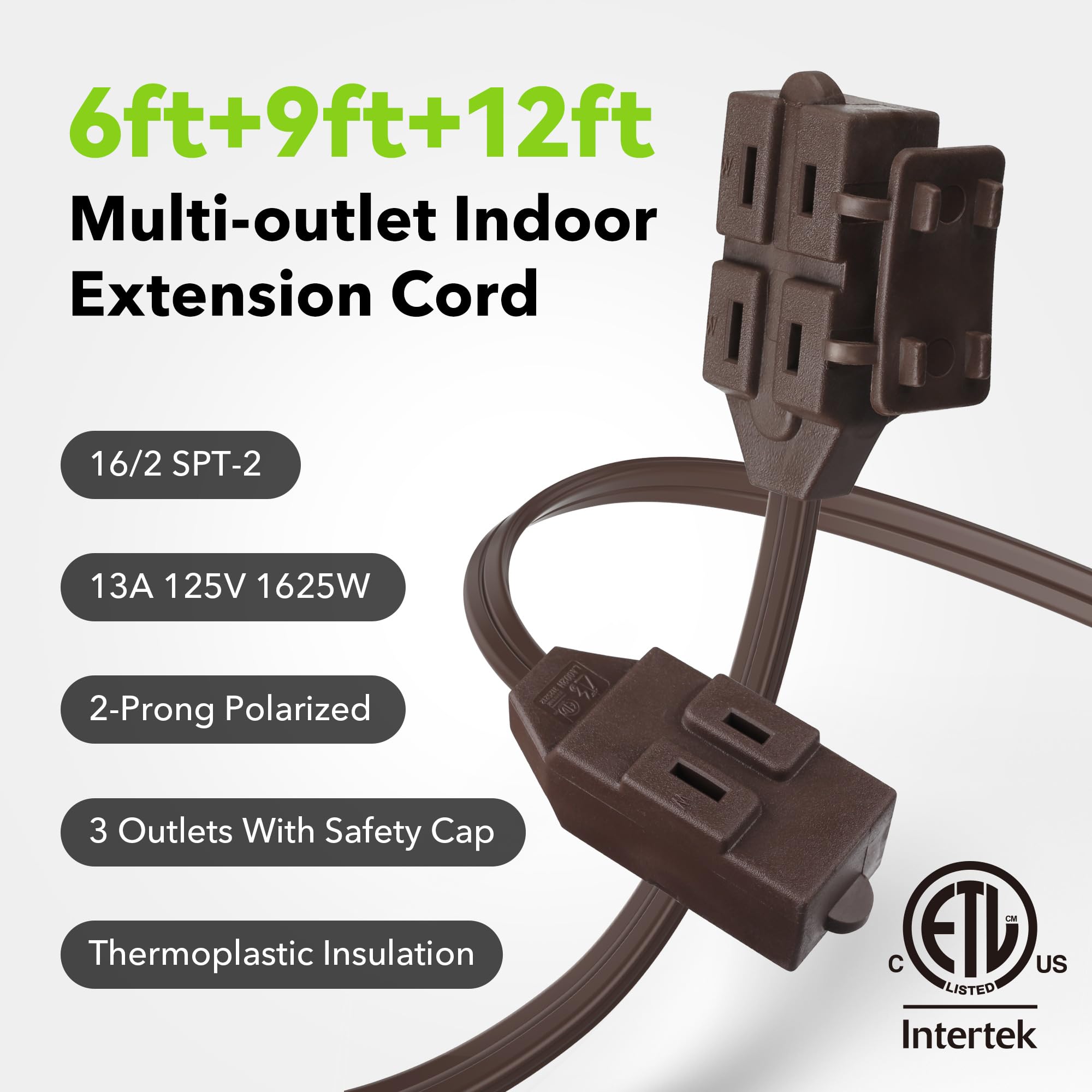 BN-LINK 6ft Indoor Extension Cord, 2 Pack, 3-Outlet Polarized Flat Cable, Household Power Cord for Home, Office, and Holiday Decorations, Black