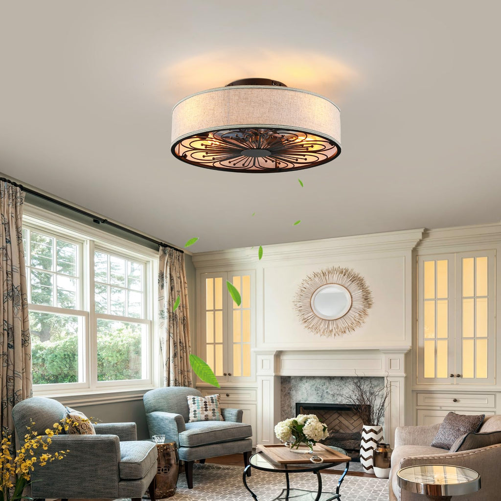 20" Boho Rattan Caged Ceiling Fan with Light,Low Profile Flush Mount Bladeless Ceiling Fan with Remote Control, 6 Speeds Reversible Silent Motor, Farmhouse Fabric Fandalier for Bedroom,Living Room