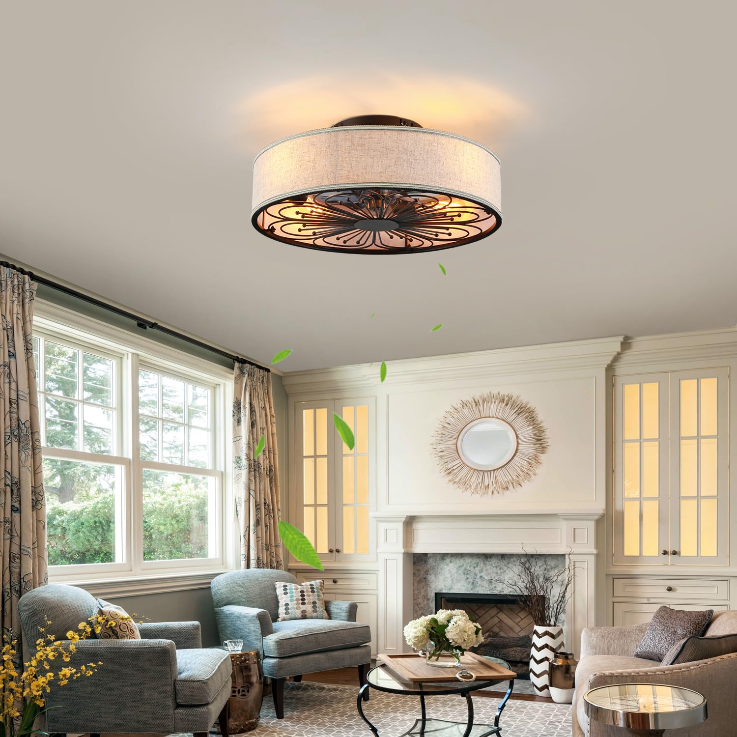 20" Boho Rattan Caged Ceiling Fan with Light,Low Profile Flush Mount Bladeless Ceiling Fan with Remote Control, 6 Speeds Reversible Silent Motor, Farmhouse Fabric Fandalier for Bedroom,Living Room