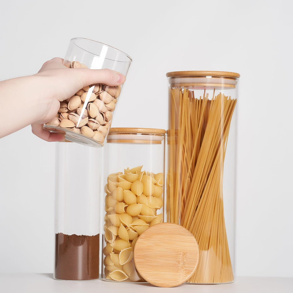 SHOWIN 73oz Glass Pasta Storage Jars, Tall Glass Jars with Bamboo Lids, Spaghetti Container, Set of 3, Kitchen Storage Containers for Pasta, Pantry Organizers