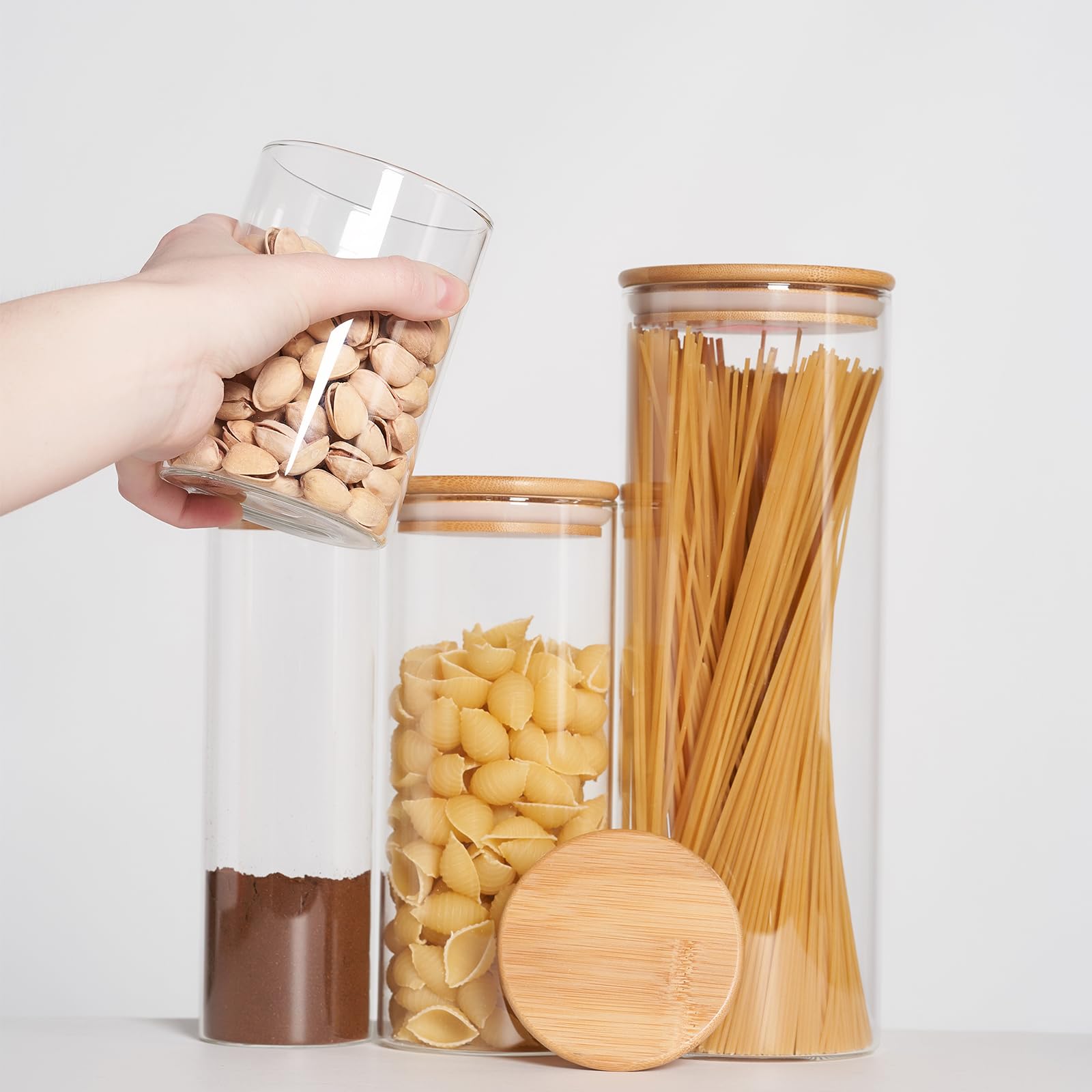 SHOWIN 73oz Glass Pasta Storage Jars, Tall Glass Jars with Bamboo Lids, Spaghetti Container, Set of 3, Kitchen Storage Containers for Pasta, Pantry Organizers