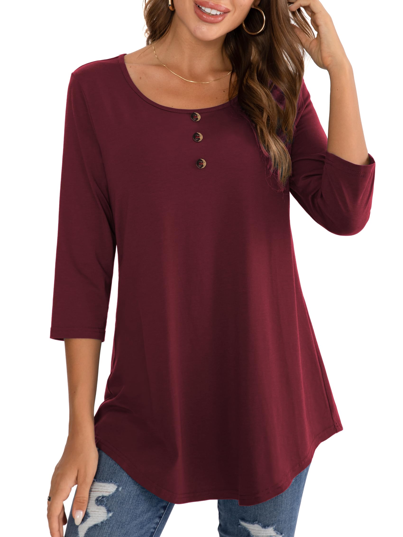 BAISHENGGT Womens Tops 3/4 Sleeve Round Neck Casual Tunic Tops Fall Fashion 2025 Dressy Casual Blouses