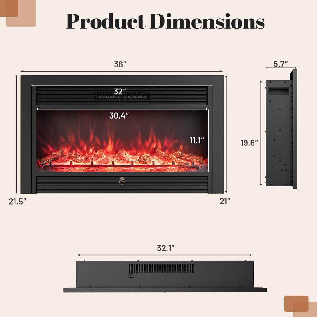 Giantex 18" Electric Fireplace Insert Heater, Wall Recessed/Mounted Fire Places Electric Fireplace with Remote, 2 Modes Heat, 9H Timer, 5 Brightness, 750/1500W Freestanding Fireplace
