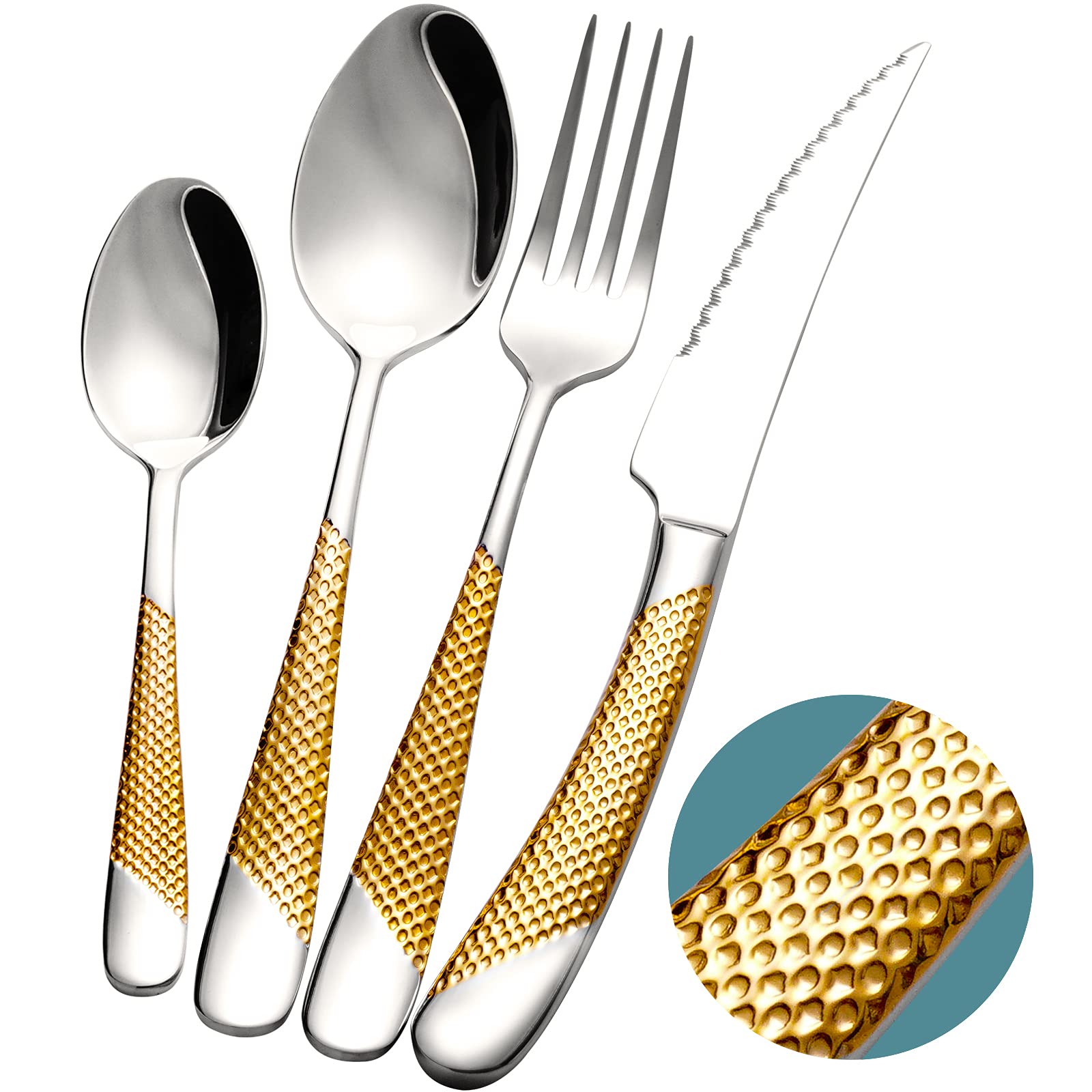 16-Piece Modern Black Hammered Silverware Set with Ultra Sharp 2-IN-1 Serrated Knives, 18/10 Stainless Steel Flatware Set, Titanium Plated Cutlery Set Service for 4, Dishwasher Safe