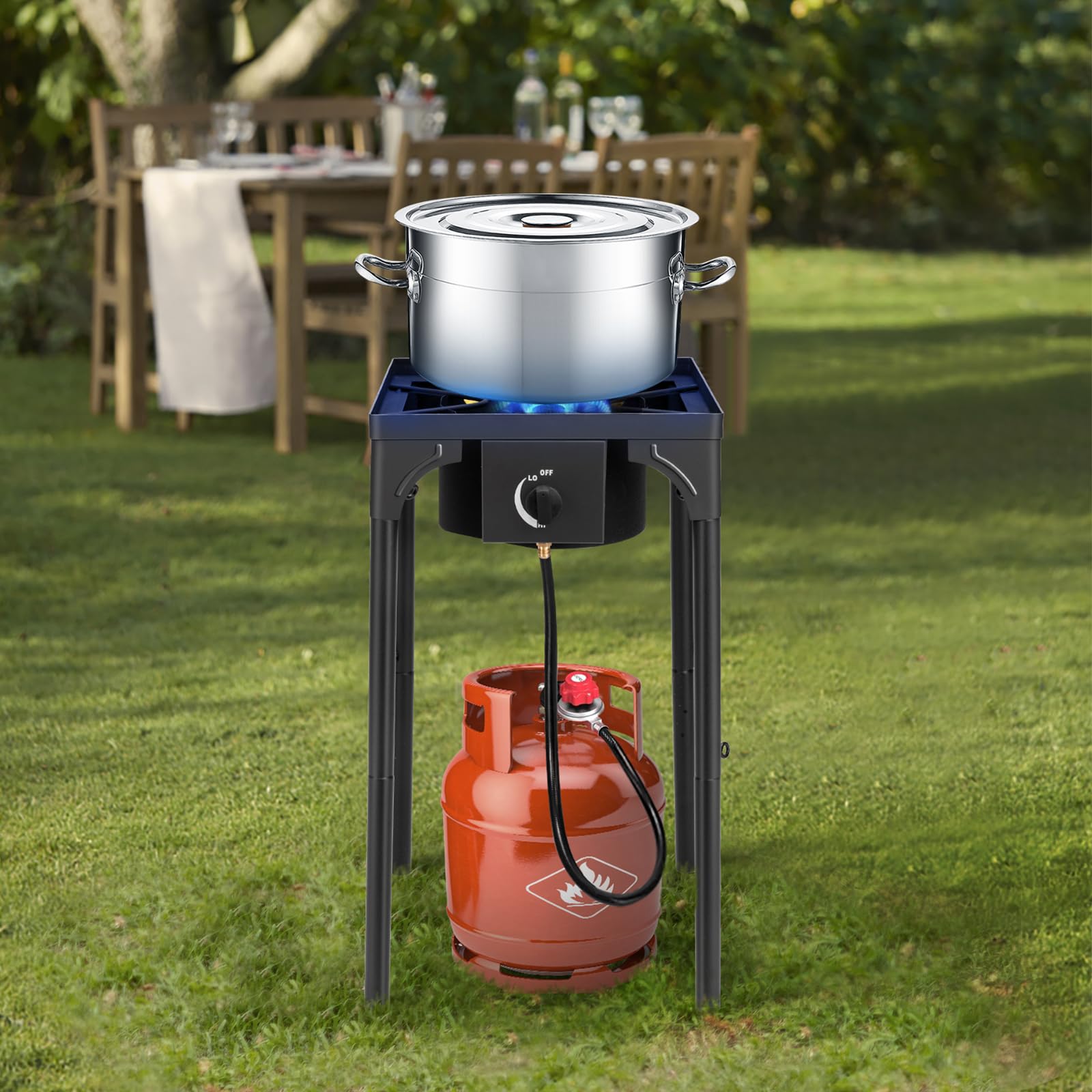 Outvita 2 Burner Propane Gas Stove for Outdoor Cooking, 150,000 BTU Camping Cooker with Removable Legs, Temperature Control Knobs for Backyard Cooking, BBQ, Baking and Frying