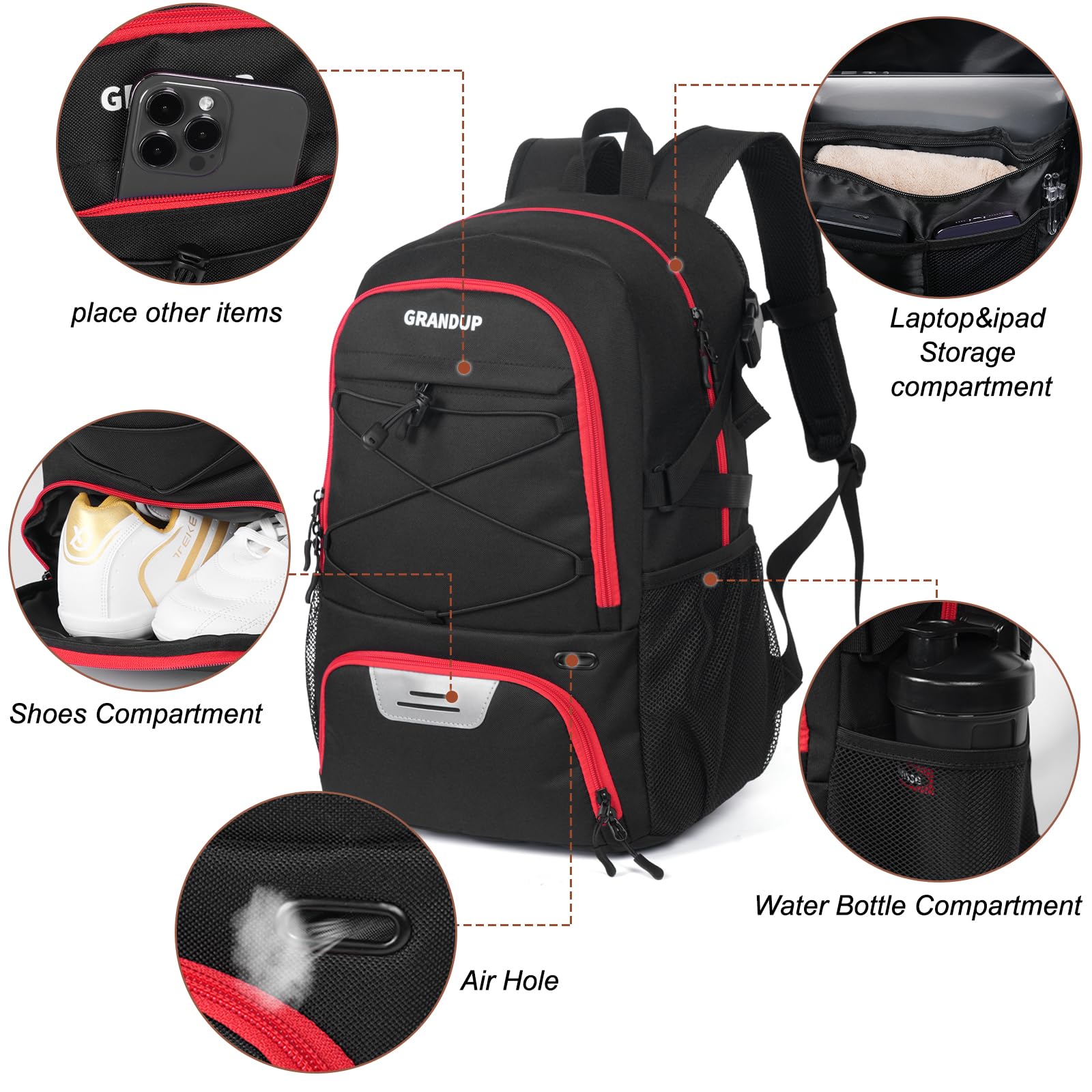 GRANDUP Basketball backpack with ball and shoes compartment Fit Volleyball, soccer, Swim, Gym, Travel, and School, large capacity sports training equipment bags