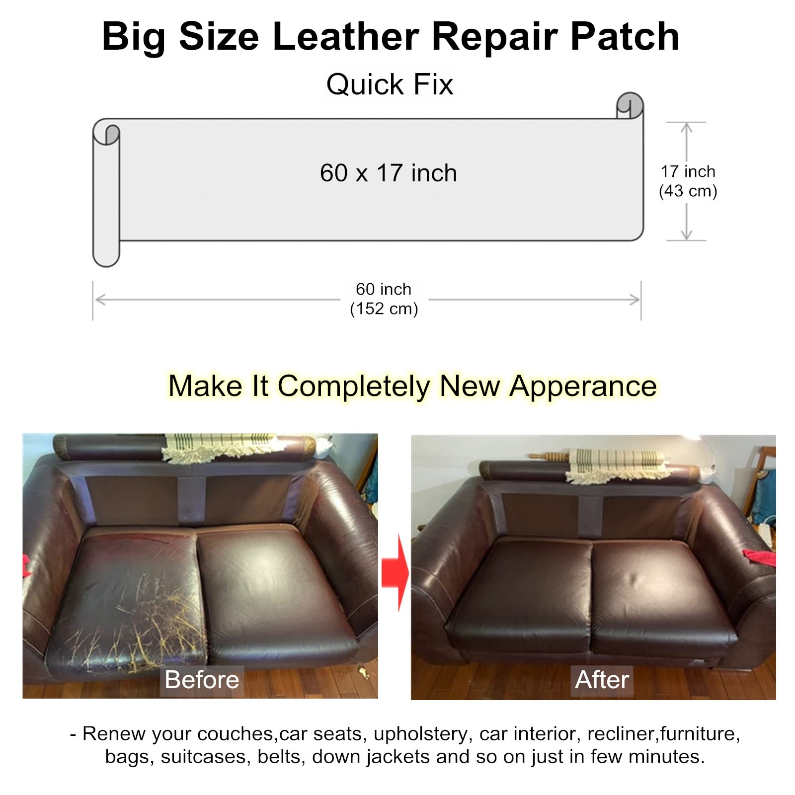 ILOFRI Large Leather Repair Patch 60x17 inch, Self Adhesive Vinyl and Leather Repair Tape Kit for Couch, Car Seat, Furniture, Upholstery, Sofa, Chairs, Handbags - Beige White