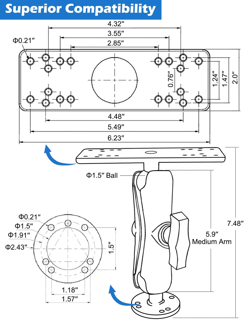 1.5" Ball Short Arm Fish Finder Mount, Marine Electronic Mount, Universal Mounting Plate with 1.5 inches / 38mm / C Size Ball Adapters, Compatible with Garmin, Lowrance, Humminbird and More