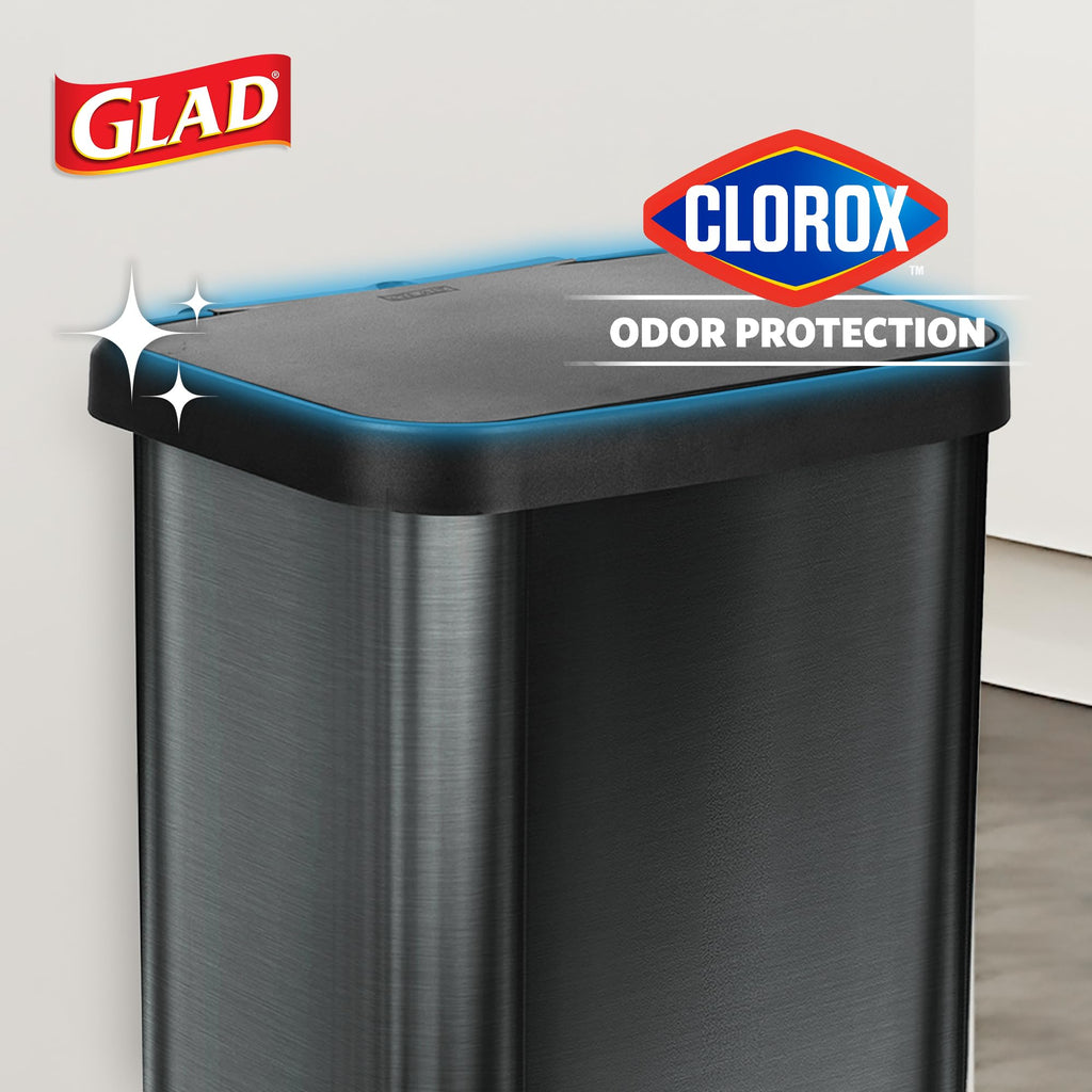 Glad 13 Gallon All Brushed Stainless Steel Trash Can with Clorox Odor Protection | Large Metal Kitchen Garbage Bin with Soft Close Lid, Garbage Bag Rings, Step On Foot Pedal and Waste Bag Roll Holder