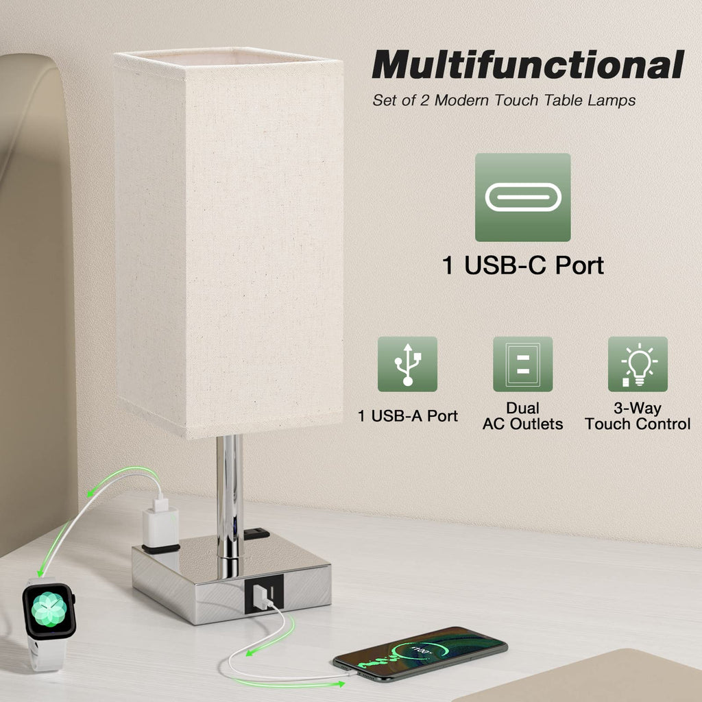 aooshine Set of 2 Touch Nightstand Lamp with USB-C+A Charge Ports& AC Outlets, 3-Way Dimmable Bedside Lamp with White Fabric Shade,Small Table Lamp for Bedroom Guest Room(Bulb Included)