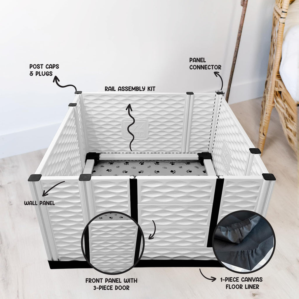 EZwhelp EZclassic Windowed 48"x48"x18" Whelping Box with Rails and Windowed Walls, Padded Dog Whelping Box, Black Pad