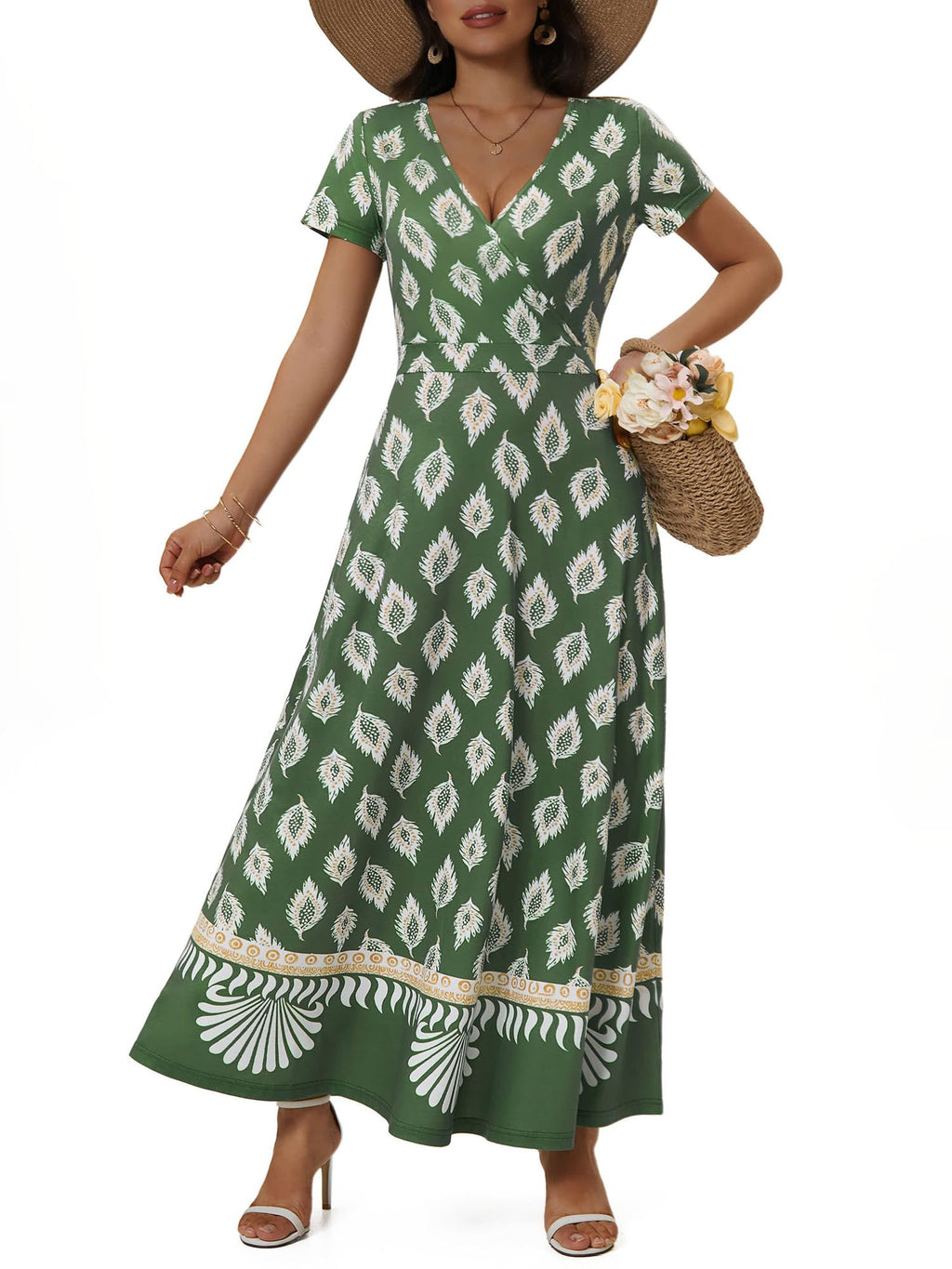 HUHOT Women's Short Sleeve Wrap V Neck Dresses for Wedding Guest Summer Floral Maxi Sundresses with Pockets Boho Dress