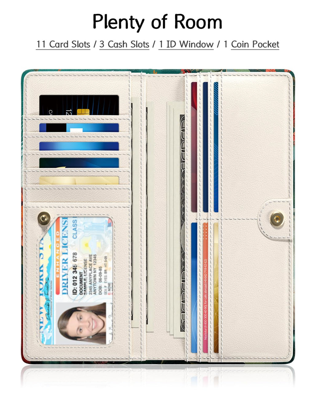 Nipichsha Womens Wallet, RFID Slim Wallets for Women, Thin Ladies Credit Card Holder Purse, Cute Leather Bifold Clutch Billfold with 11 Card Slots & ID Window, Abstract Boho Leaf
