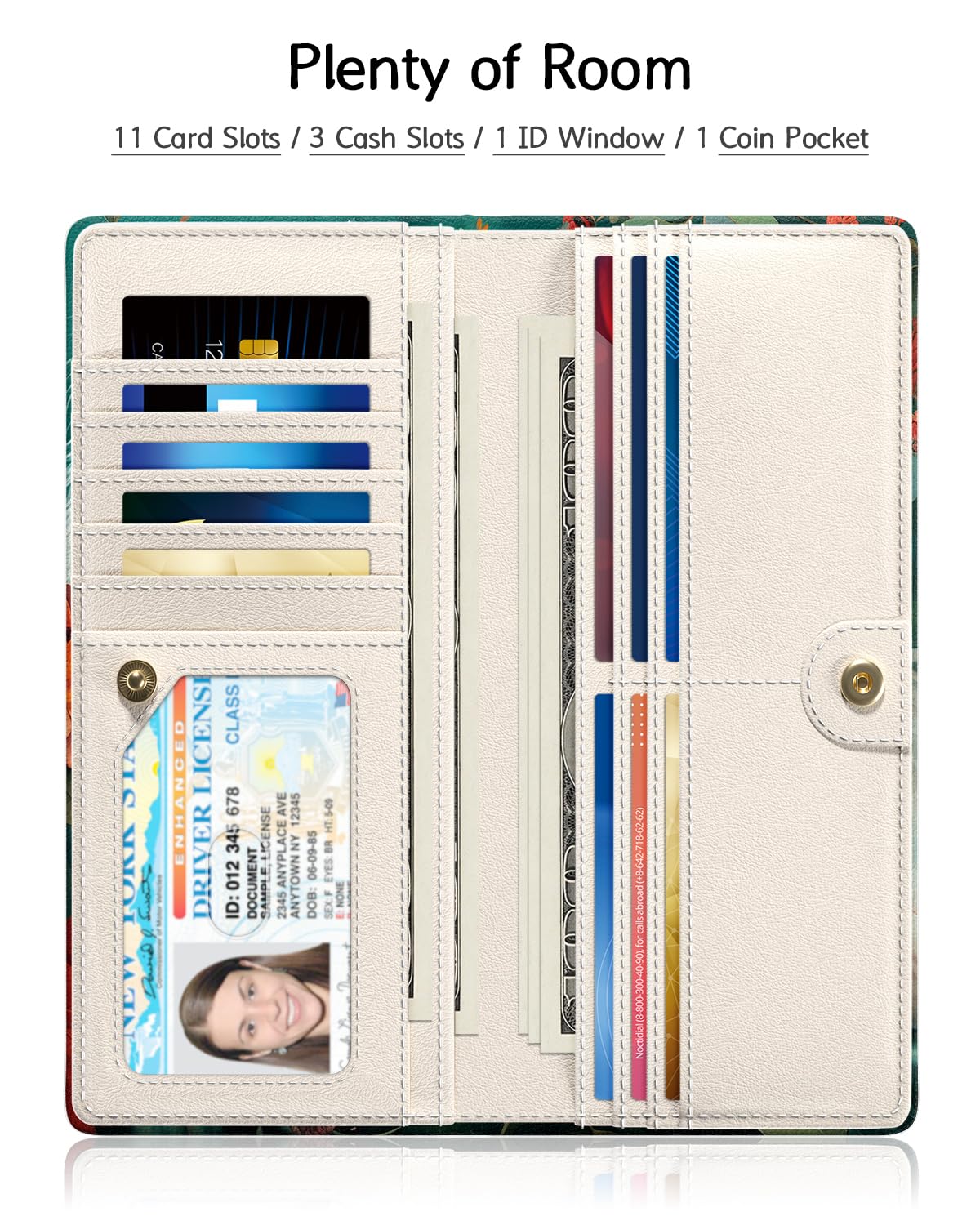 Nipichsha Womens Wallet, RFID Slim Wallets for Women, Thin Ladies Credit Card Holder Purse, Cute Leather Bifold Clutch Billfold with 11 Card Slots & ID Window, Abstract Boho Leaf