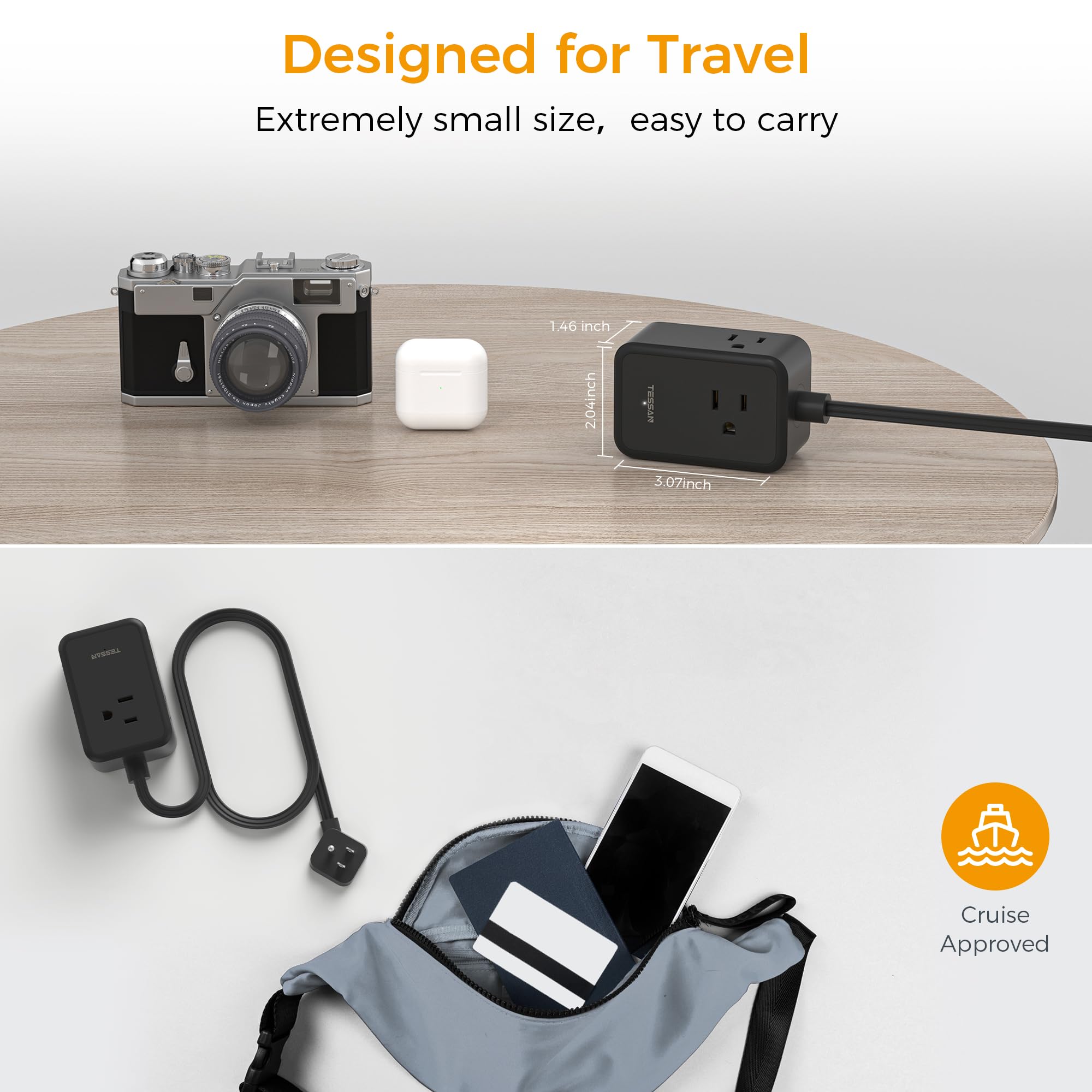TESSAN Small Flat Plug Power Strip, Ultra Thin Extension Cord 5 ft, 3 AC Outlets with 3 USB Ports (1 USB C), Multiple Wall Outlet Extender for Cruise Travel Office School Dorm Room Essentials, Black