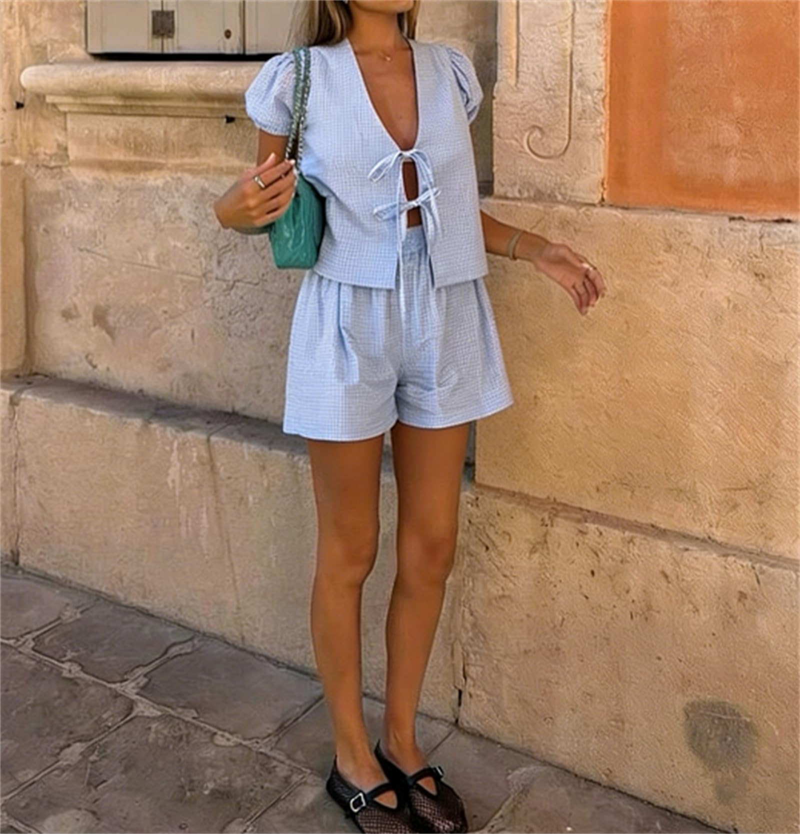 Yuemengxuan Women Y2k Peplum Shirt Shorts Set Two Piece Lounge Set Pajamas Sets Puff Sleeve Tie Front Top 2pcs Pj Outfits