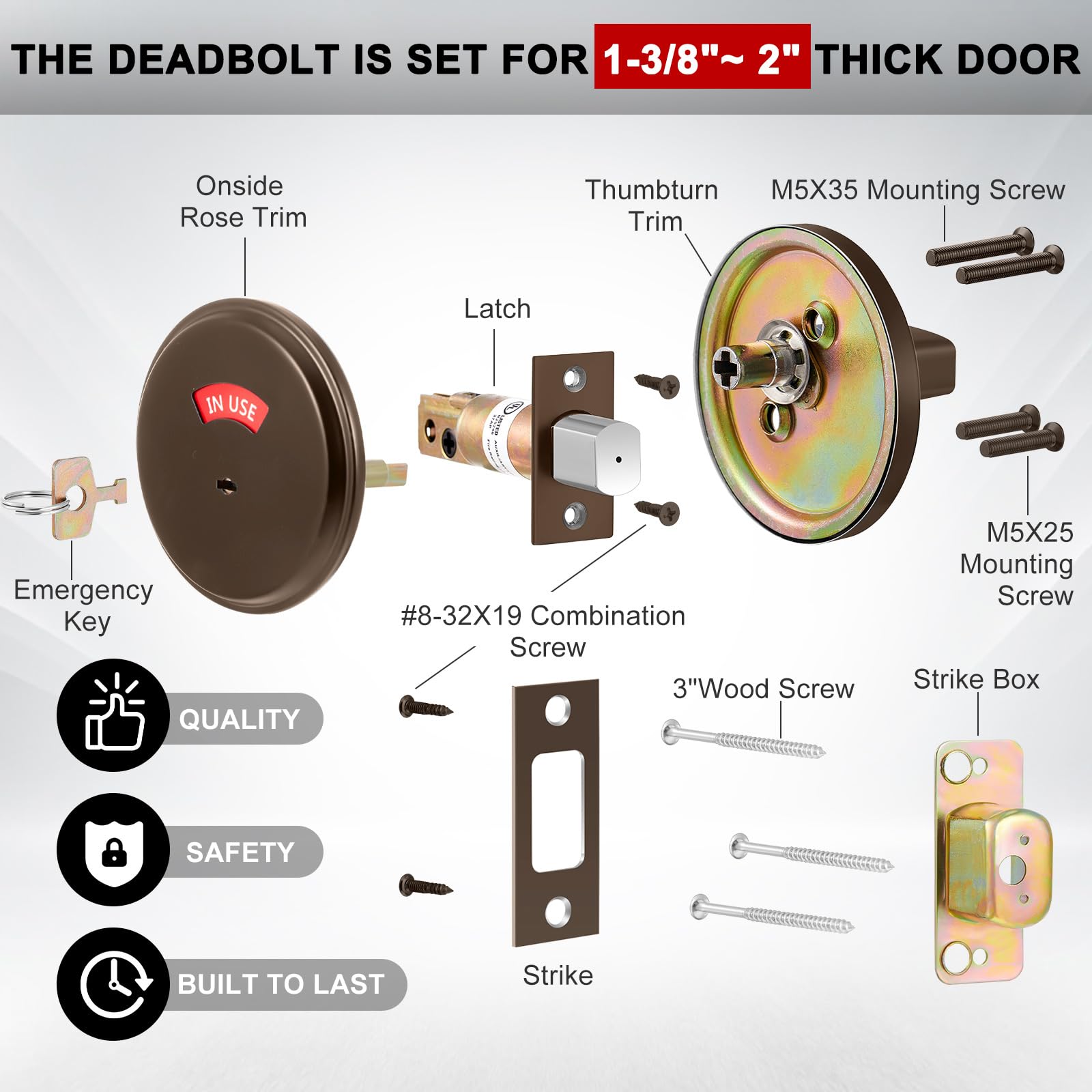Tandefio 1 Pcs Vacant Occupied Bathroom Lock, in Use Deadbolt with Occupancy Indicator, 304 Stainless Steel, Fit Door Thickness 1 3/8" to 2", Not Adjustable, for Restaurants, Hotels, Offices (Black)