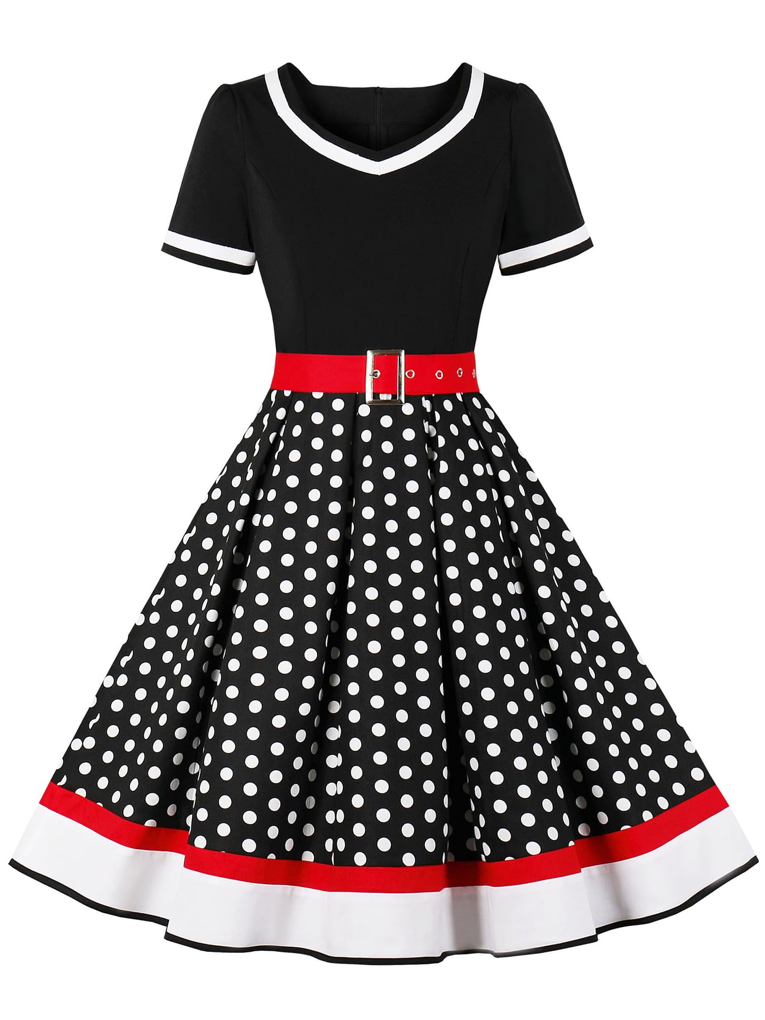 Nihsatin Vintage 1950s Retro Rockabilly Swing Dress Polka Dots Cocktail Dress with Belt