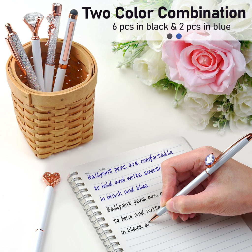 WEMATE 8Pcs Ballpoint Pens Set Metal Crystal Diamond Pen Glitter for Journaling Black Pen Bling in Black & Blue Ink Pretty Cute Pens Fancy Pens Gifts for Women Wedding School Office Desk(Black)