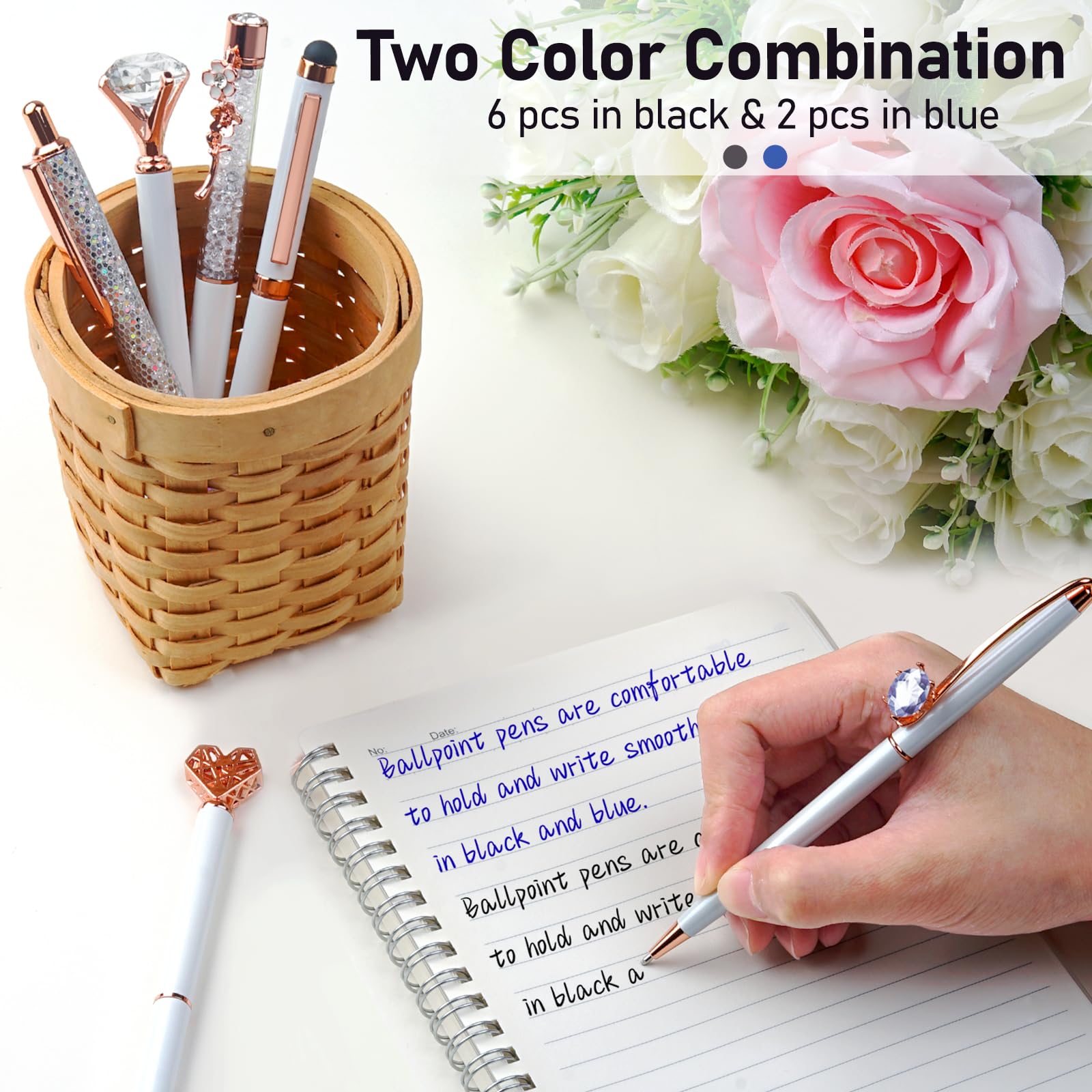 WEMATE 8Pcs Ballpoint Pens Set Metal Crystal Diamond Pen Glitter for Journaling Black Pen Bling in Black & Blue Ink Pretty Cute Pens Fancy Pens Gifts for Women Wedding School Office Desk(Black)
