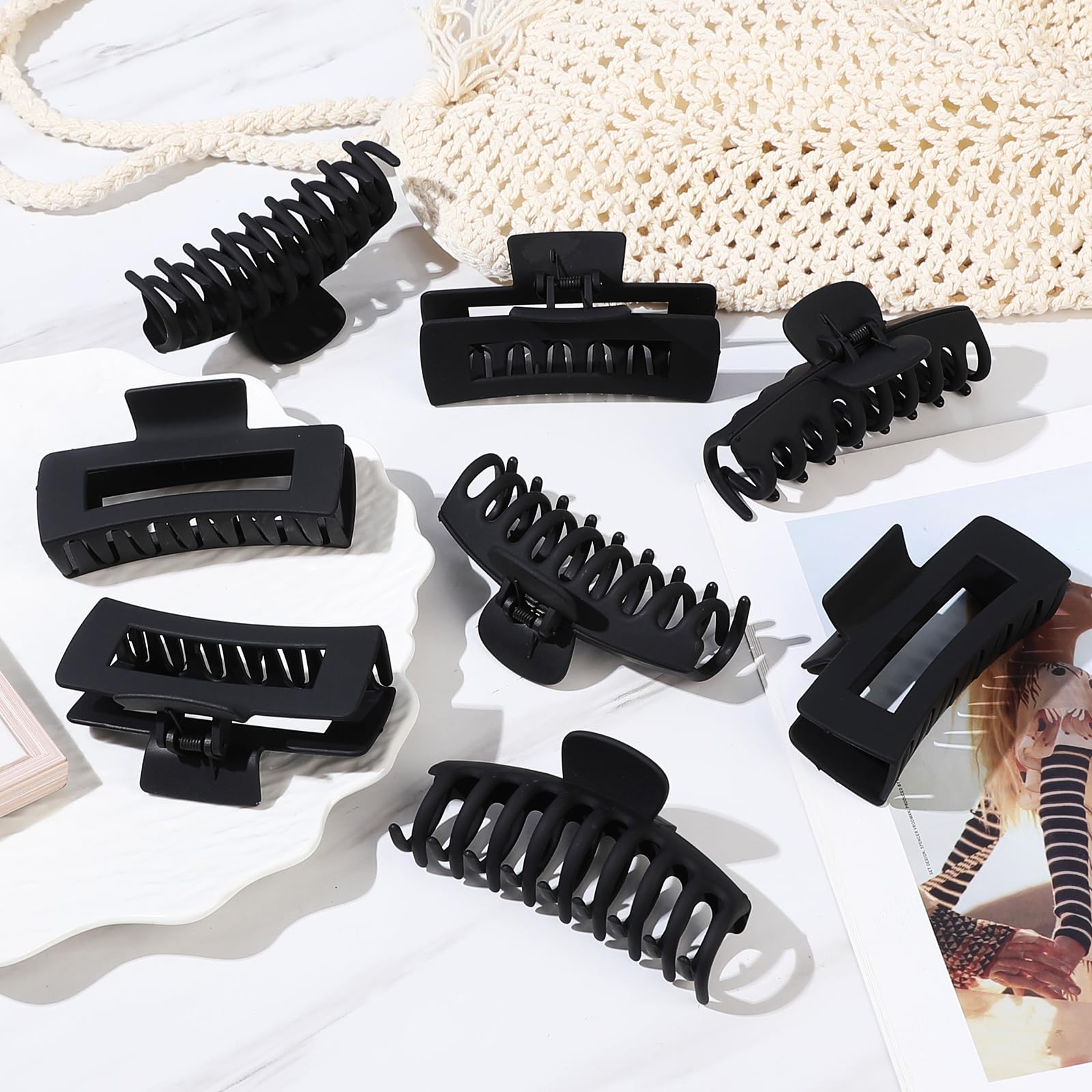 laxizar 8 Pack Claw Clips Rectangular Hair Clips for Women Girls Large Bandana Clips Strong Hold Hair Jaw Clips (Black)
