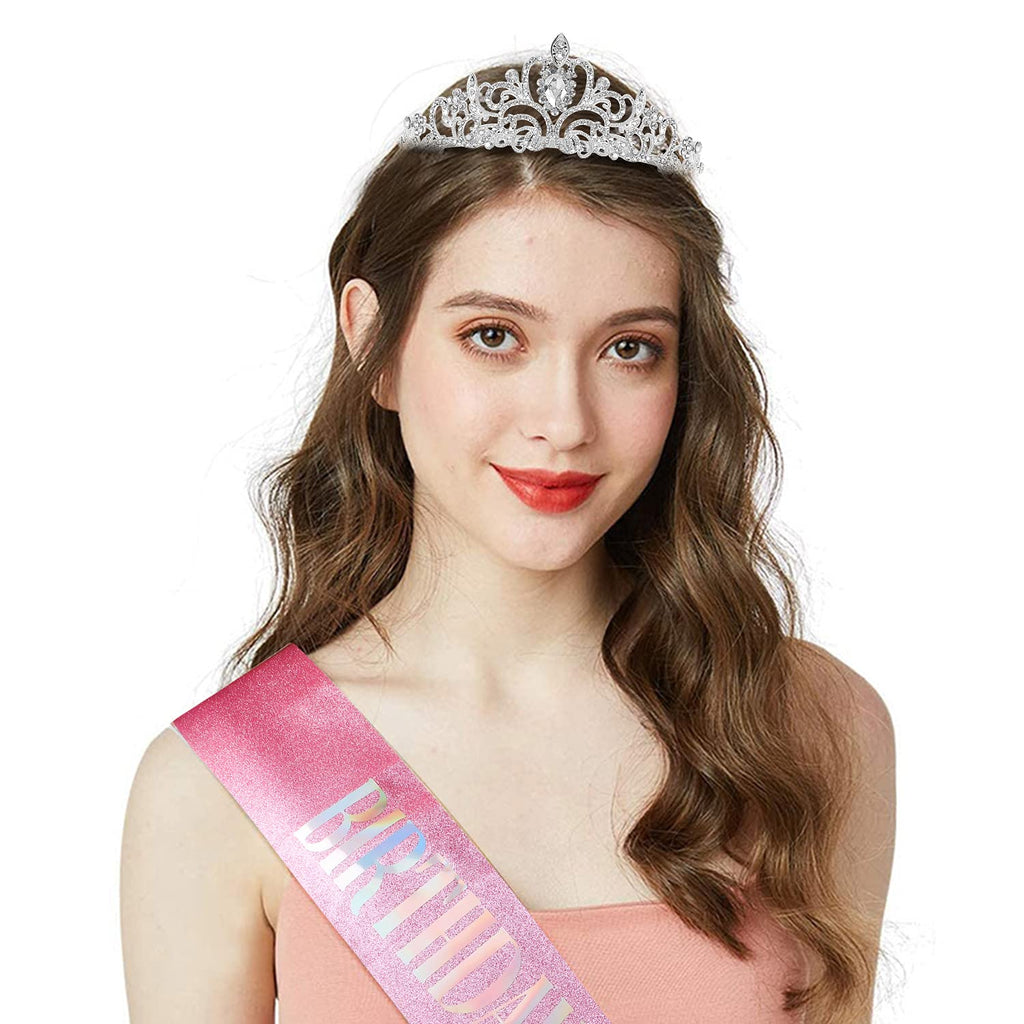 COCIDE Birthday Silver Tiara and Crowns Kit - Silver Tiara, Crown, Sash, Rhinestone Headband, Glitter Sash for Women & Girls Birthday Party Decorations