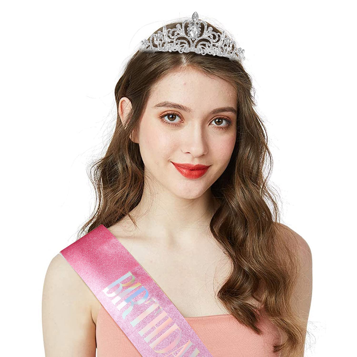 COCIDE Birthday Silver Tiara and Crowns Kit - Silver Tiara, Crown, Sash, Rhinestone Headband, Glitter Sash for Women & Girls Birthday Party Decorations