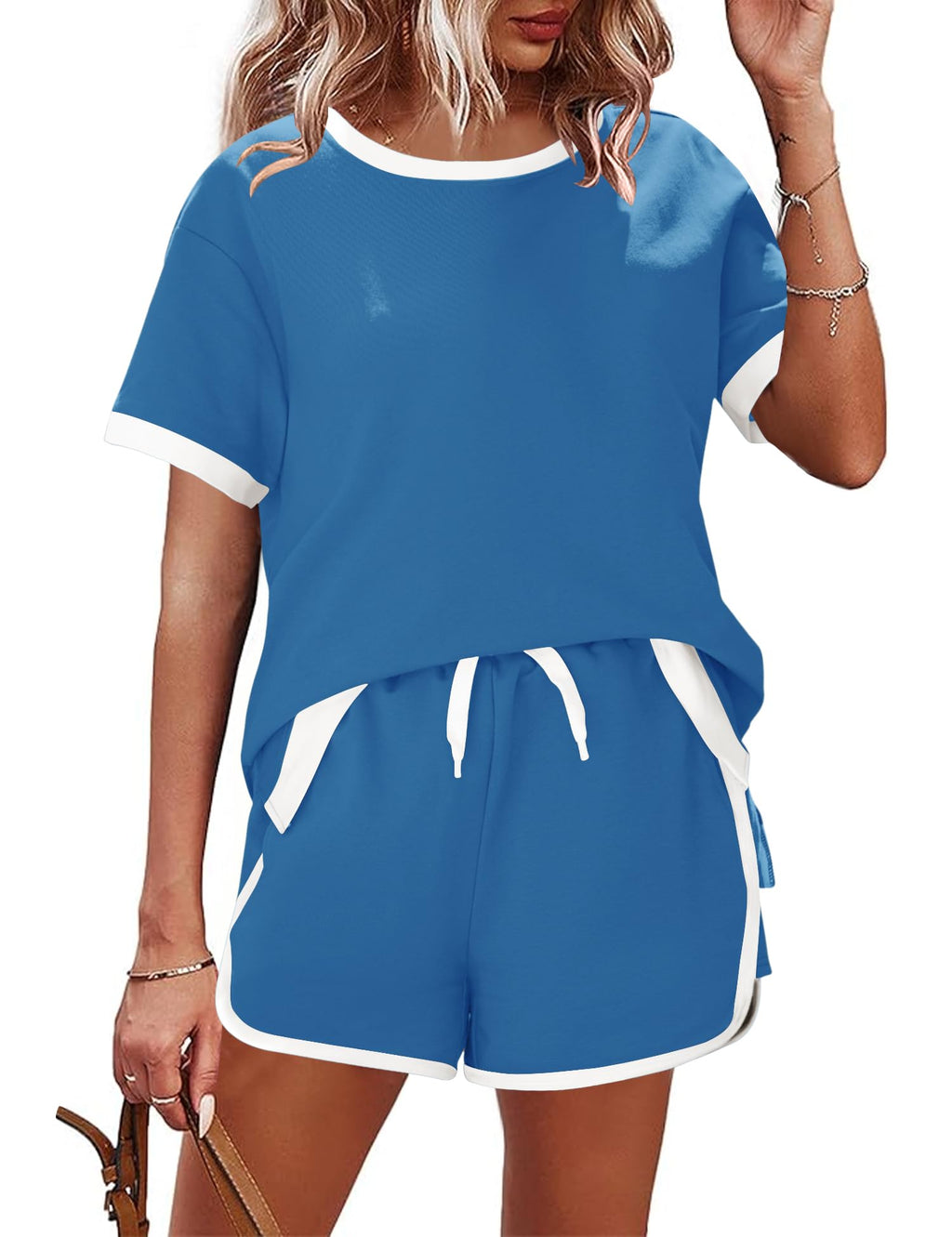 AKEWEI Shorts Sets Women 2 Piece Outfits Casual Short Sleeve Crewneck Tops and Drawstring Shorts Color Block Sets