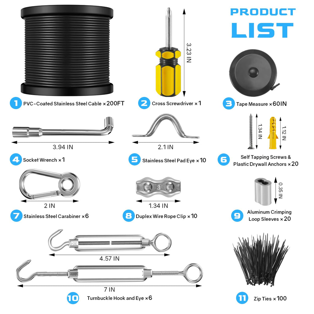 NEREUS String Light Hanging Kit with 164 Ft Vinyl Coated 304 Stainless Steel Cable, String Light Suspension Kit, Guide Wire with Turnbuckles and Hooks for Patio, Backyard Lighting Accessories