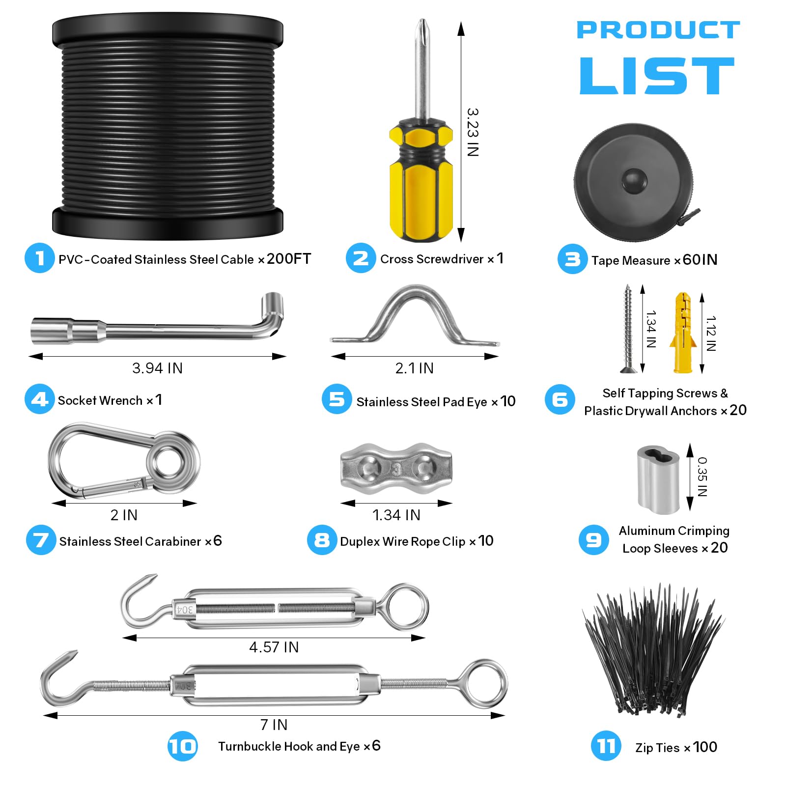 NEREUS String Light Hanging Kit with 164 Ft Vinyl Coated 304 Stainless Steel Cable, String Light Suspension Kit, Guide Wire with Turnbuckles and Hooks for Patio, Backyard Lighting Accessories