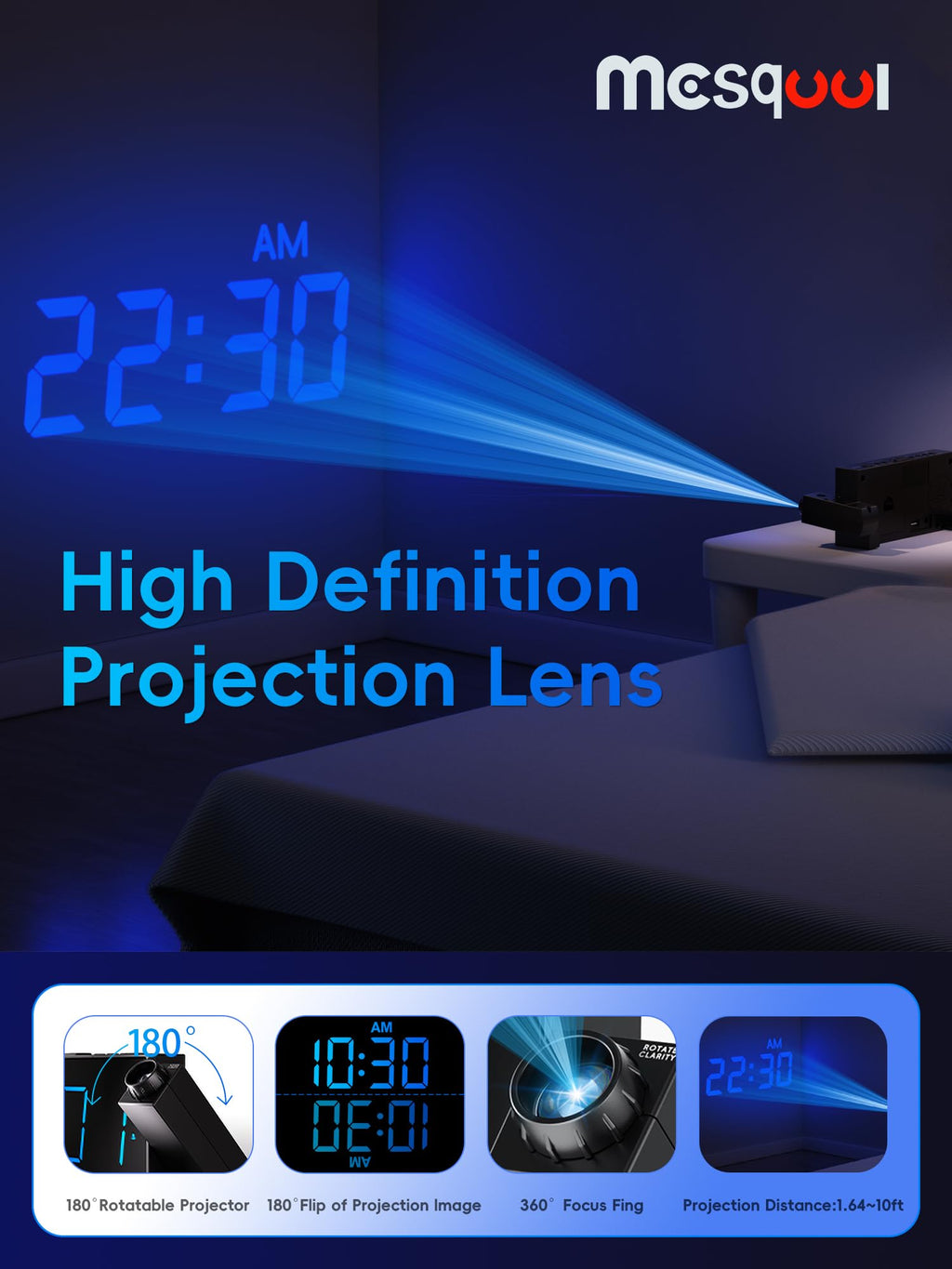 Digital Projection Alarm Clocks for Bedrooms - Large LED Display, 180° Rotatable Projector, 5-Level Dimmer,USB Charger,Battery Backup,Loud Dual Alarms for Kids Elderly,Heavy Sleepers,Snooze,12/24H,DST