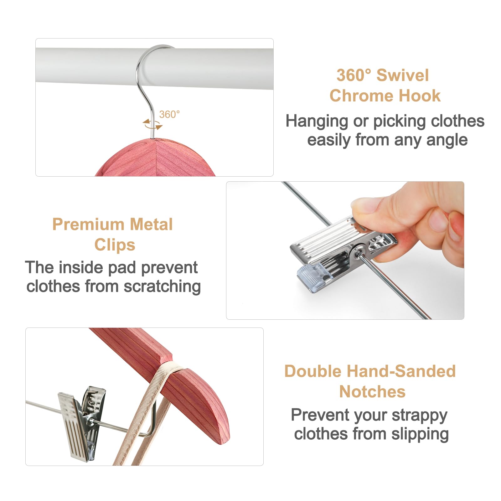 TOPIA HANGER Wooden Suit Hangers with Adjustable Metal Clips (10 Pack), Solid Wood Clothes Hangers, 360° Swivel Hook, Premium Retro Finish Pants Hangers for Clothes Coat, Jeans, Blouse-CT28A