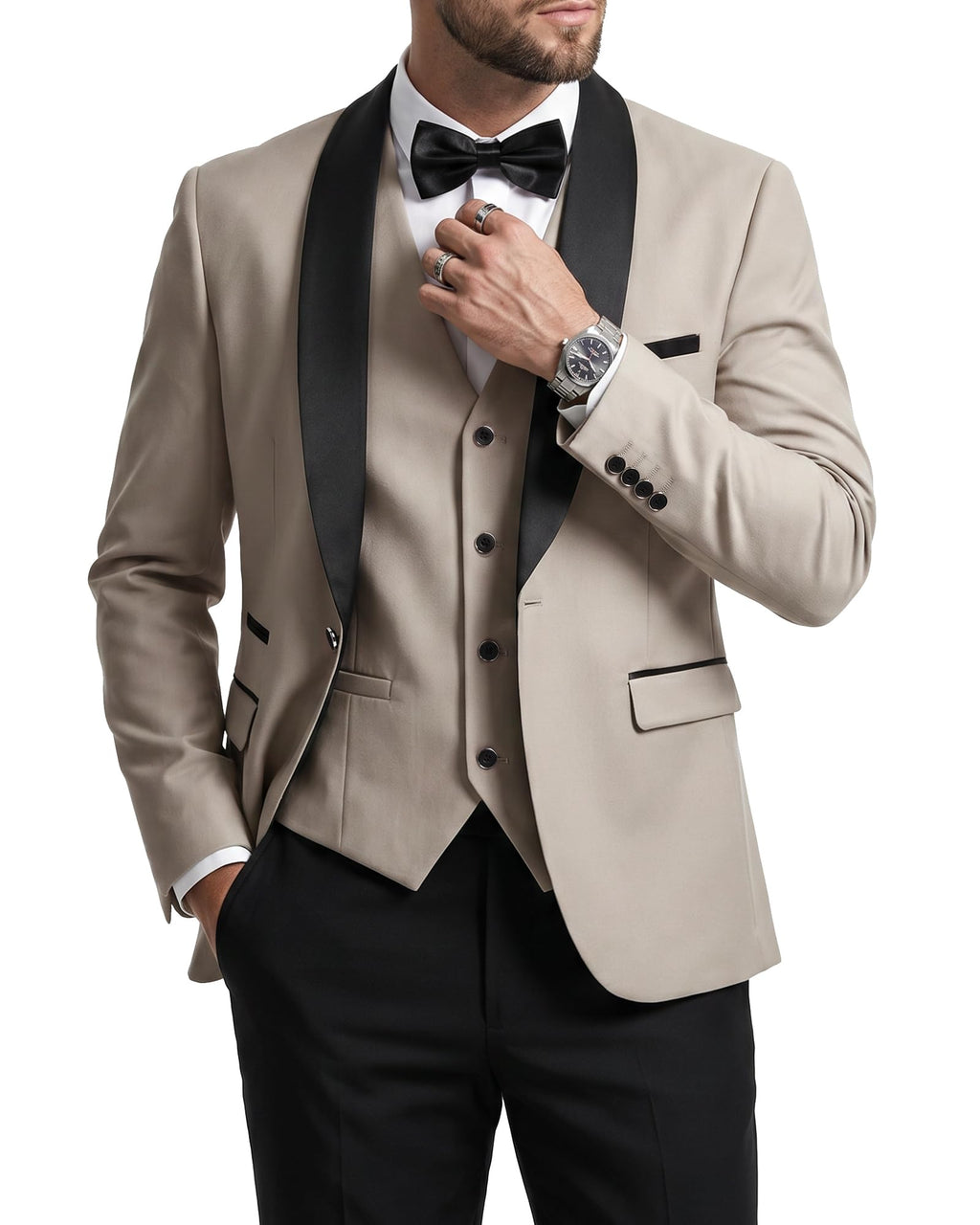 MrSure Men’s 3 Piece Slim Fit Suit, One Button Shawl Lapel Tuxedo, Premium Dinner Jacket Vest Pants & Tie Set