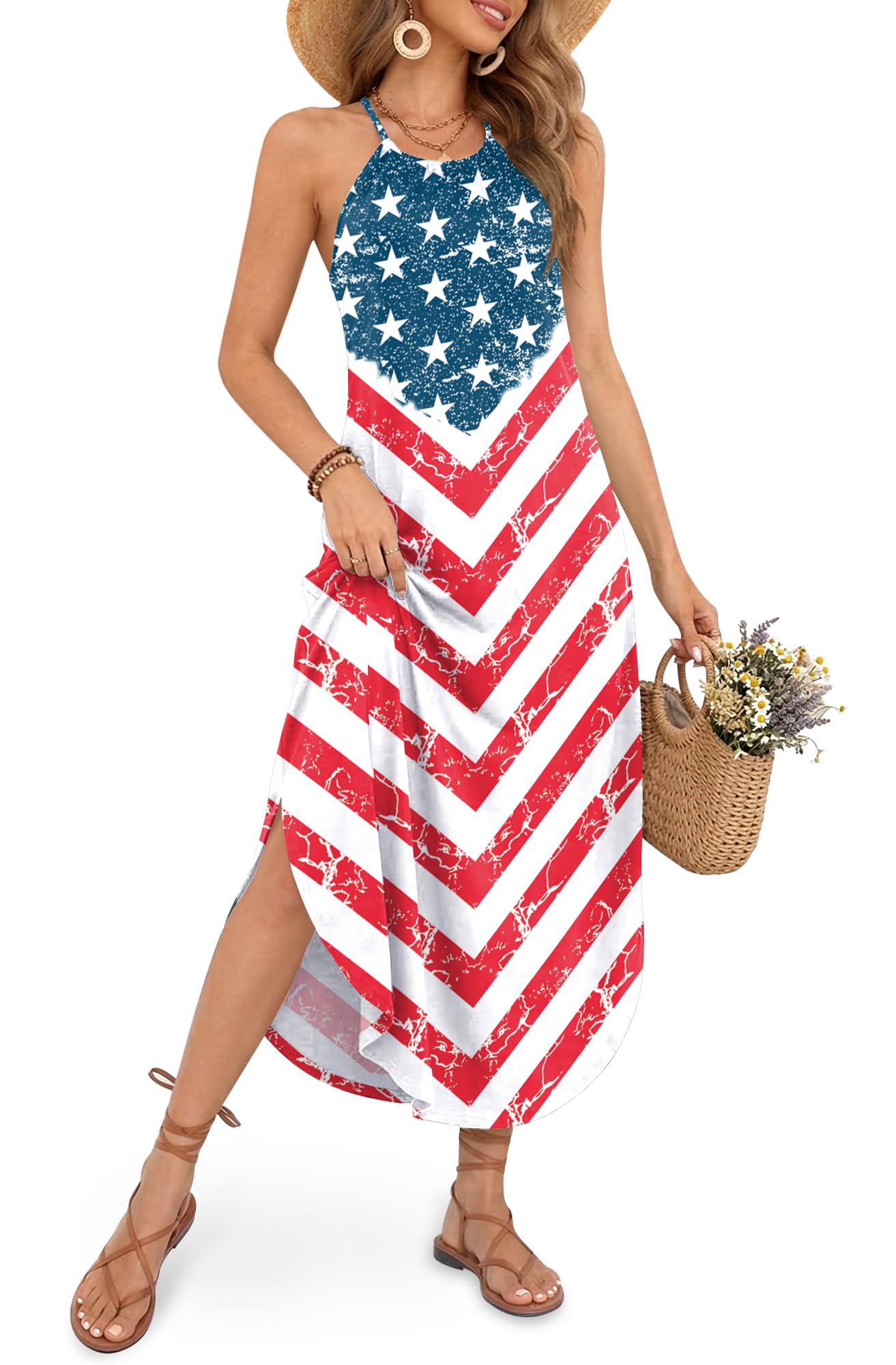 For G and PL Women's Summer Casual Halter Side Slit Maxi Beach Dress Resort Vacation Cruise Wear Sundress