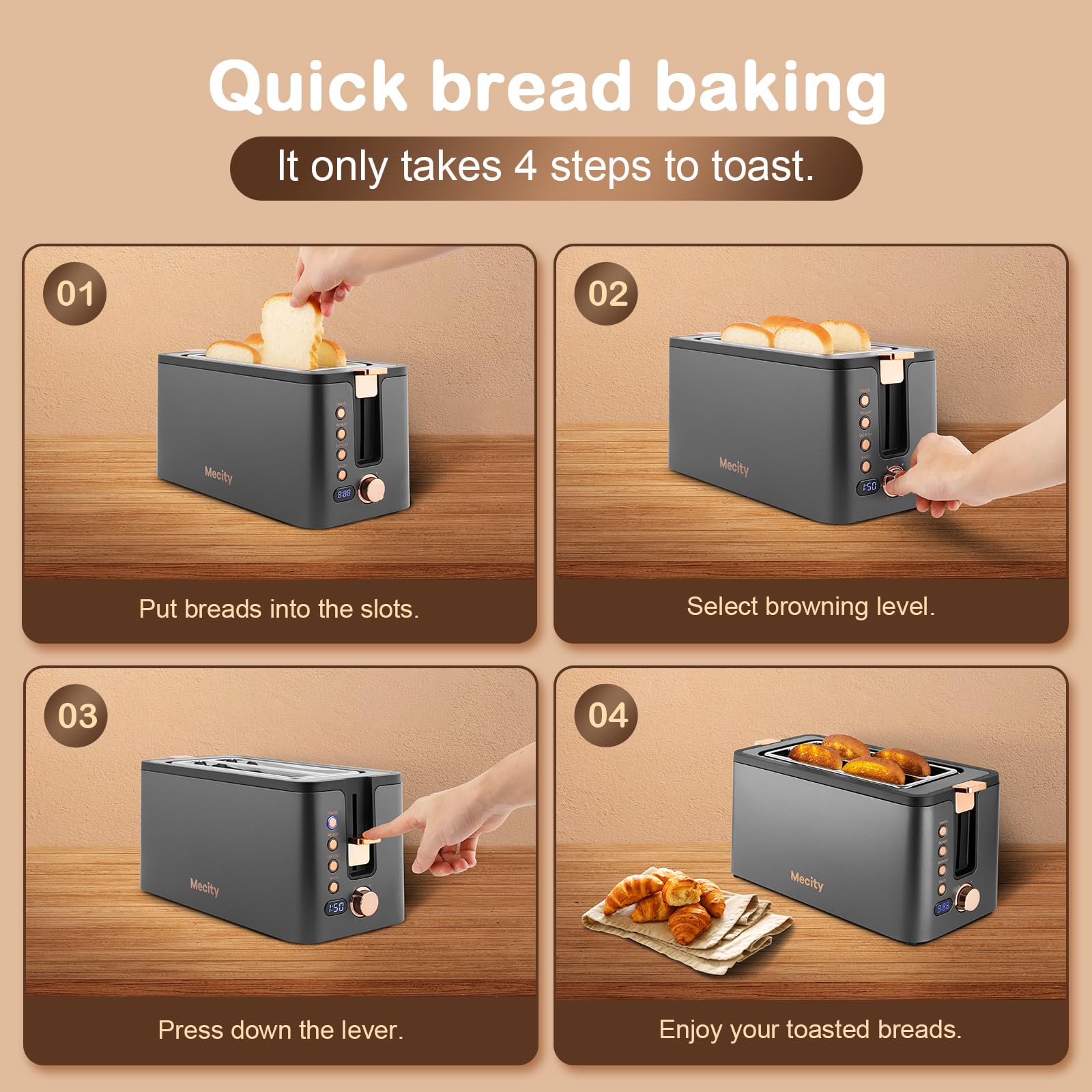 Mecity 4 Slice Toaster, Long Slot Toaster With Warming Rack, Timer, Bagel, Defrost, Reheat Functions, Crumb Tray, 6 Browning Settings, Extra Wide Long Slots, Stainless Steel, 1300W, Grey
