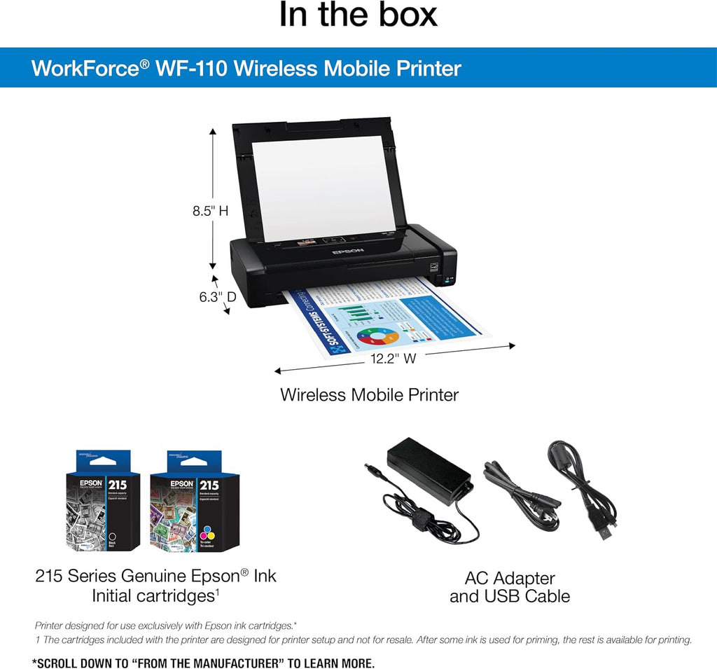 Epson WorkForce WF-110 Wireless Color Mobile Portable Inkjet Printer